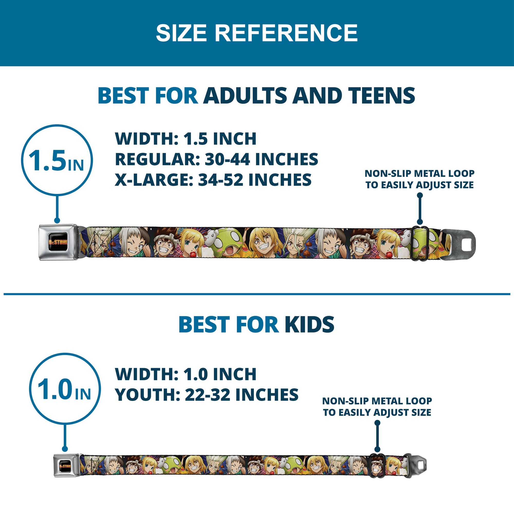 DR. STONE Title Logo Full Color Black/Orange Seatbelt Belt - Dr. Stone Character Group Faces Close-Up Webbing Seatbelt Belts Dr. Stone