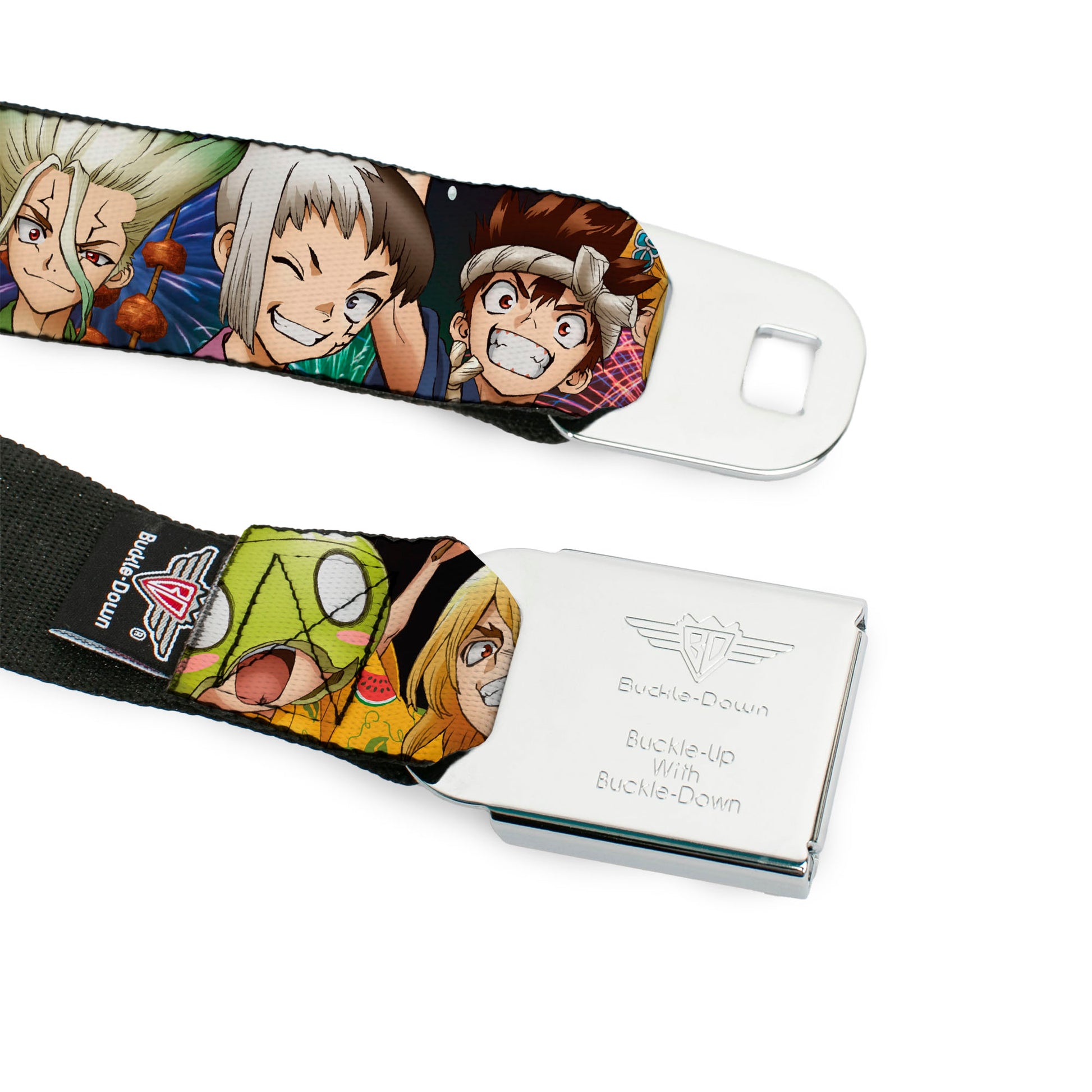 DR. STONE Title Logo Full Color Black/Orange Seatbelt Belt - Dr. Stone Character Group Faces Close-Up Webbing Seatbelt Belts Dr. Stone