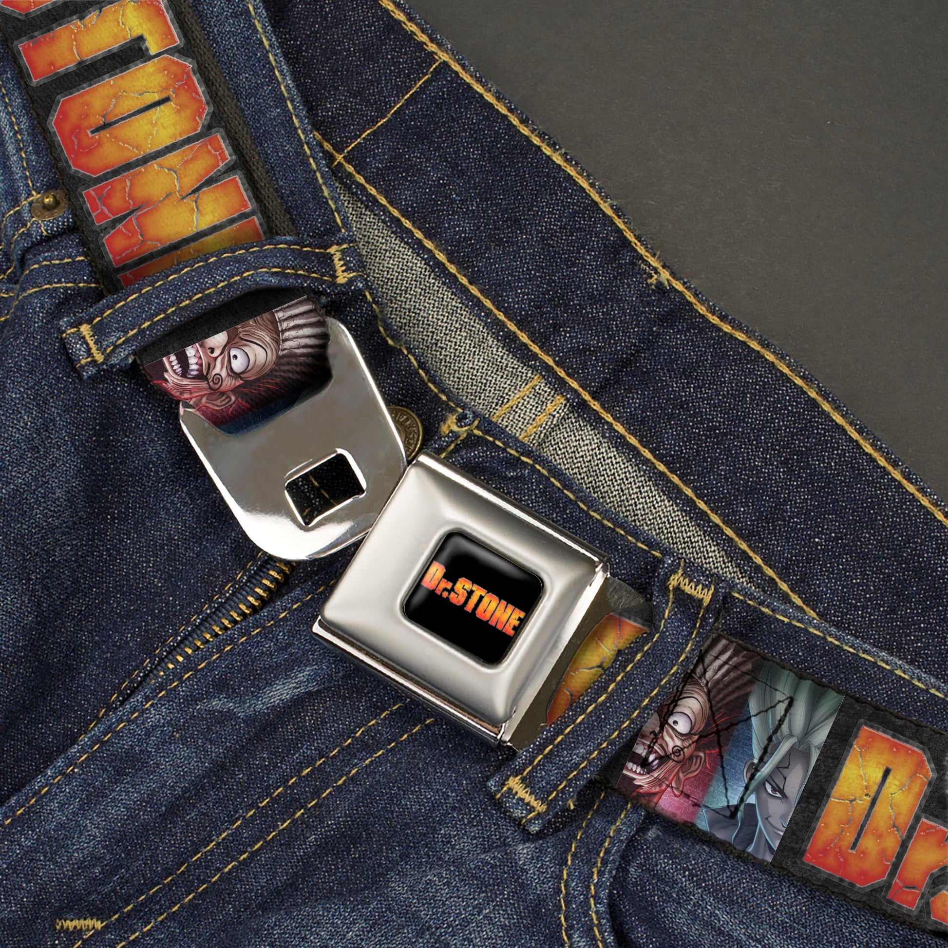 DR. STONE Title Logo Full Color Black/Orange Seatbelt Belt - DR. STONE Title Logo and Ibarra Senku Split Pose Black Webbing Seatbelt Belts Dr. Stone