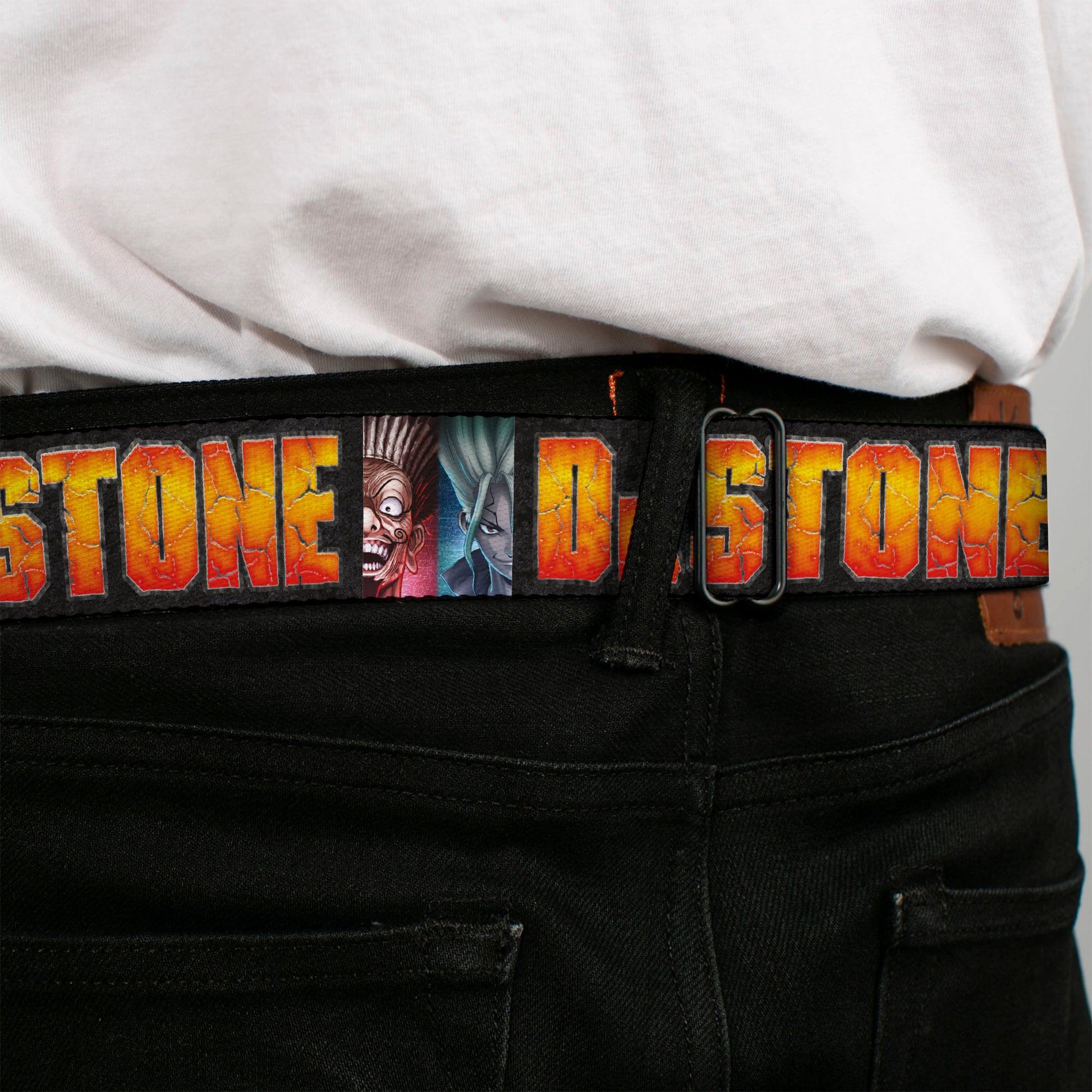 DR. STONE Title Logo Full Color Black/Orange Seatbelt Belt - DR. STONE Title Logo and Ibarra Senku Split Pose Black Webbing Seatbelt Belts Dr. Stone