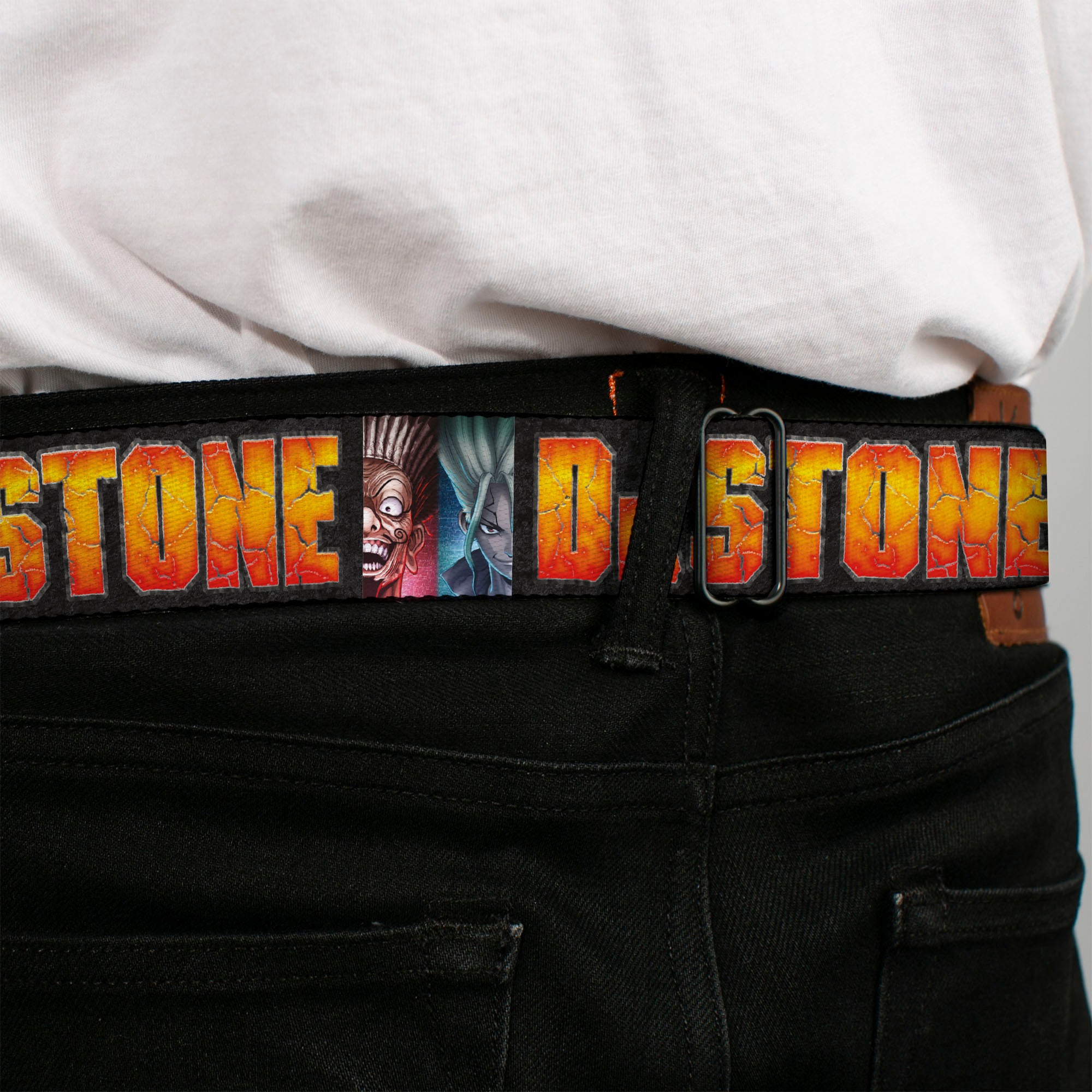 DR. STONE Title Logo Full Color Black/Orange Seatbelt Belt - DR. STONE Title Logo and Ibarra Senku Split Pose Black Webbing Seatbelt Belts Dr. Stone