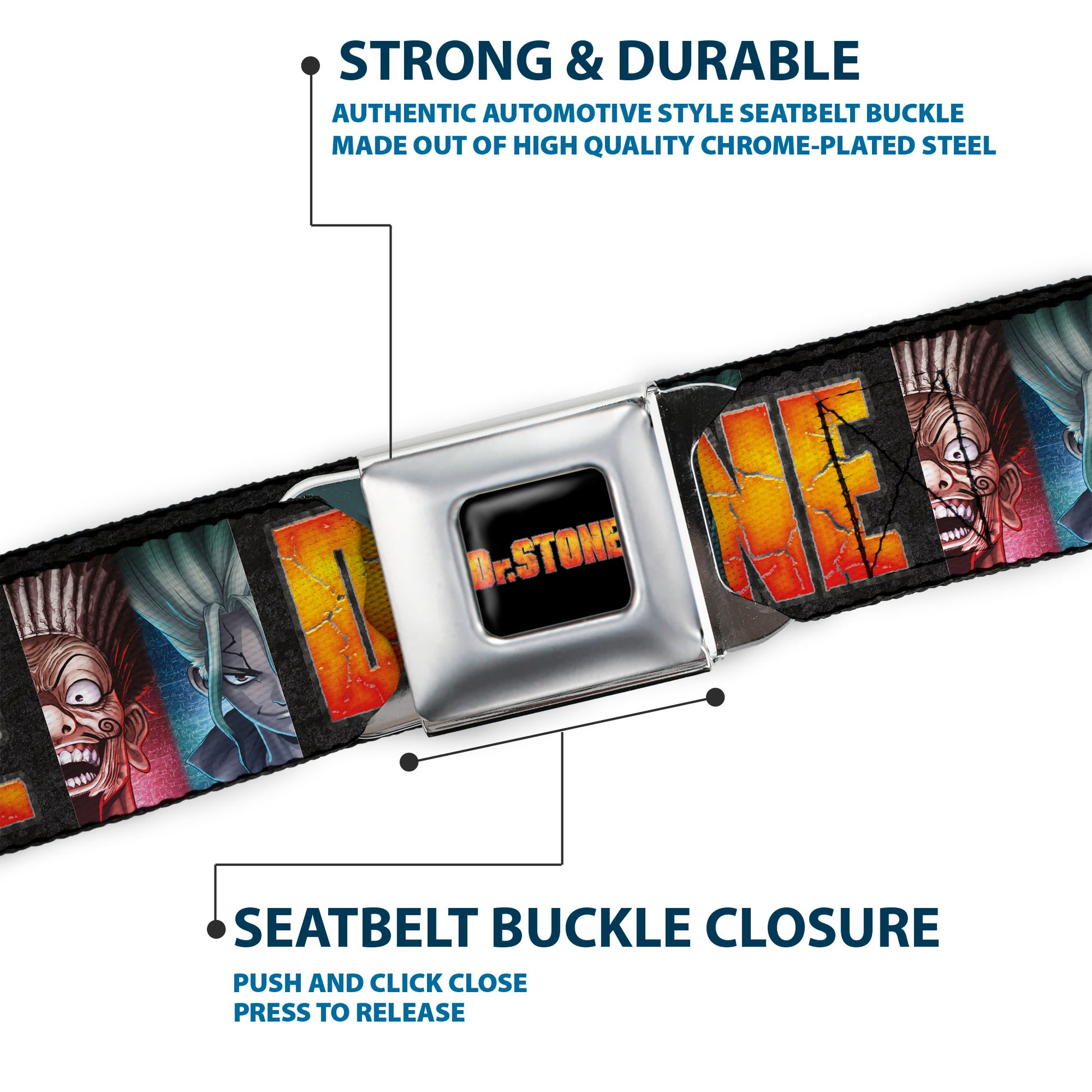 DR. STONE Title Logo Full Color Black/Orange Seatbelt Belt - DR. STONE Title Logo and Ibarra Senku Split Pose Black Webbing Seatbelt Belts Dr. Stone