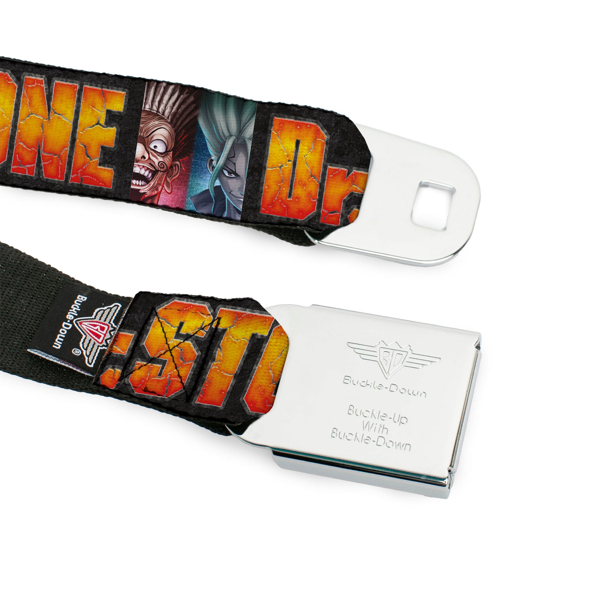 DR. STONE Title Logo Full Color Black/Orange Seatbelt Belt - DR. STONE Title Logo and Ibarra Senku Split Pose Black Webbing Seatbelt Belts Dr. Stone
