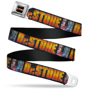 DR. STONE Title Logo Full Color Black/Orange Seatbelt Belt - DR. STONE Title Logo and Ibarra Senku Split Pose Black Webbing Seatbelt Belts Dr. Stone