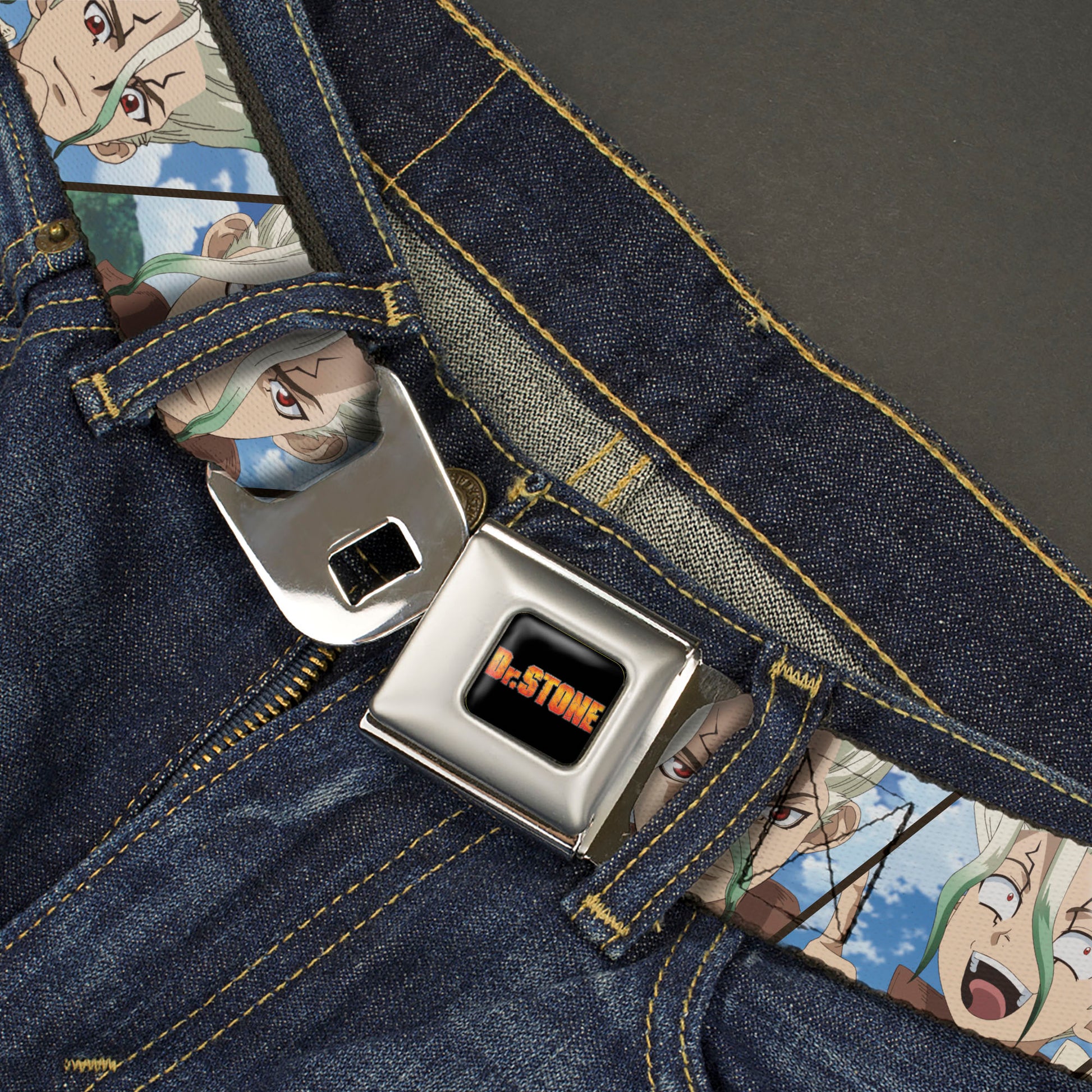 DR. STONE Title Logo Full Color Black/Orange Seatbelt Belt - Dr. Stone Senku Ishigami Expression Blocks Blues Webbing Seatbelt Belts Dr. Stone