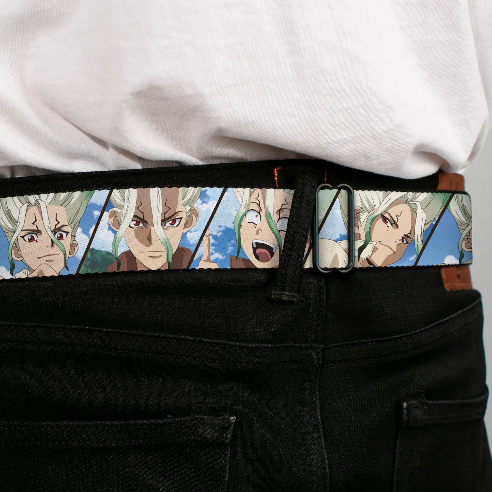 DR. STONE Title Logo Full Color Black/Orange Seatbelt Belt - Dr. Stone Senku Ishigami Expression Blocks Blues Webbing Seatbelt Belts Dr. Stone