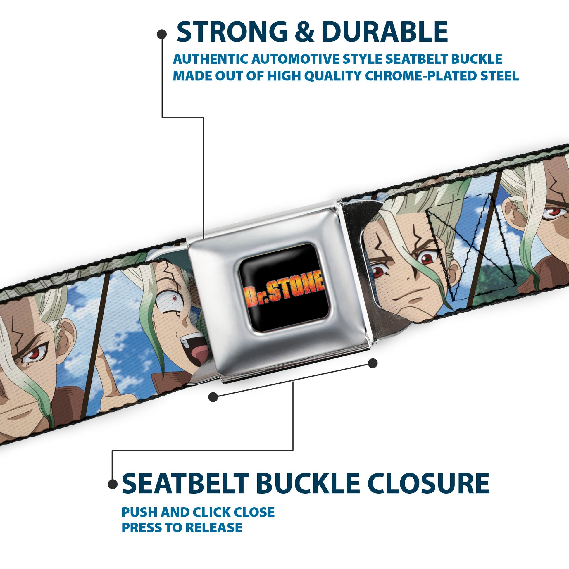 DR. STONE Title Logo Full Color Black/Orange Seatbelt Belt - Dr. Stone Senku Ishigami Expression Blocks Blues Webbing Seatbelt Belts Dr. Stone