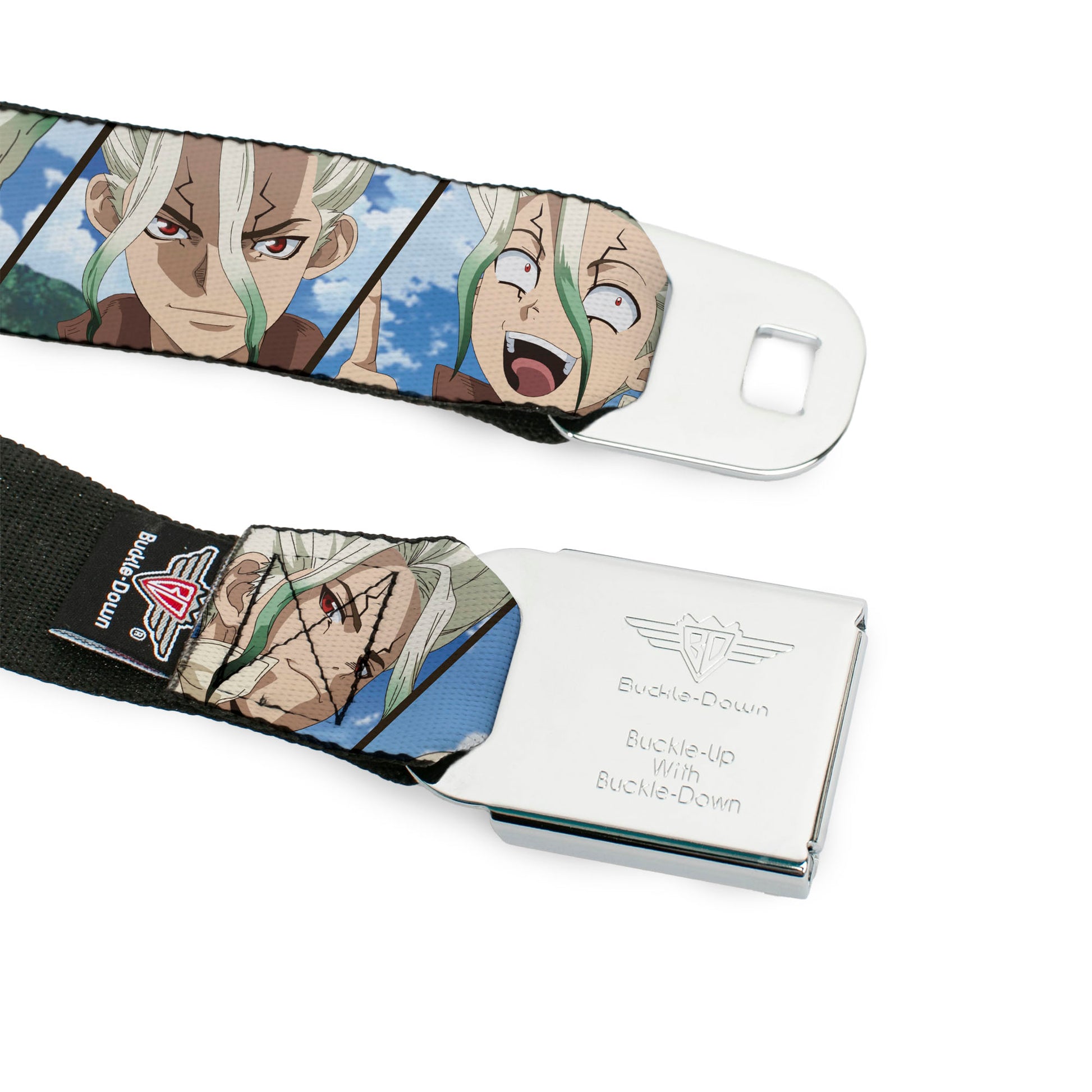 DR. STONE Title Logo Full Color Black/Orange Seatbelt Belt - Dr. Stone Senku Ishigami Expression Blocks Blues Webbing Seatbelt Belts Dr. Stone