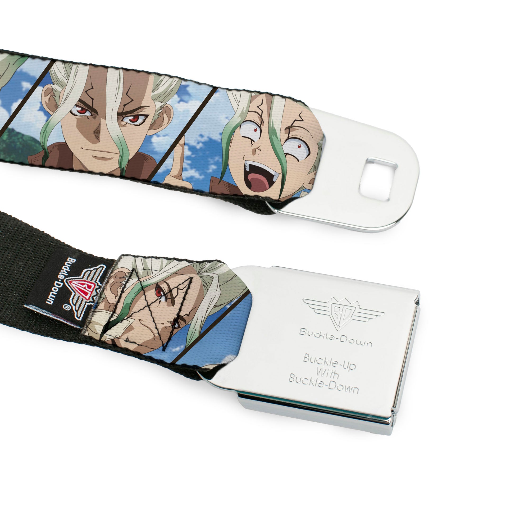 DR. STONE Title Logo Full Color Black/Orange Seatbelt Belt - Dr. Stone Senku Ishigami Expression Blocks Blues Webbing Seatbelt Belts Dr. Stone