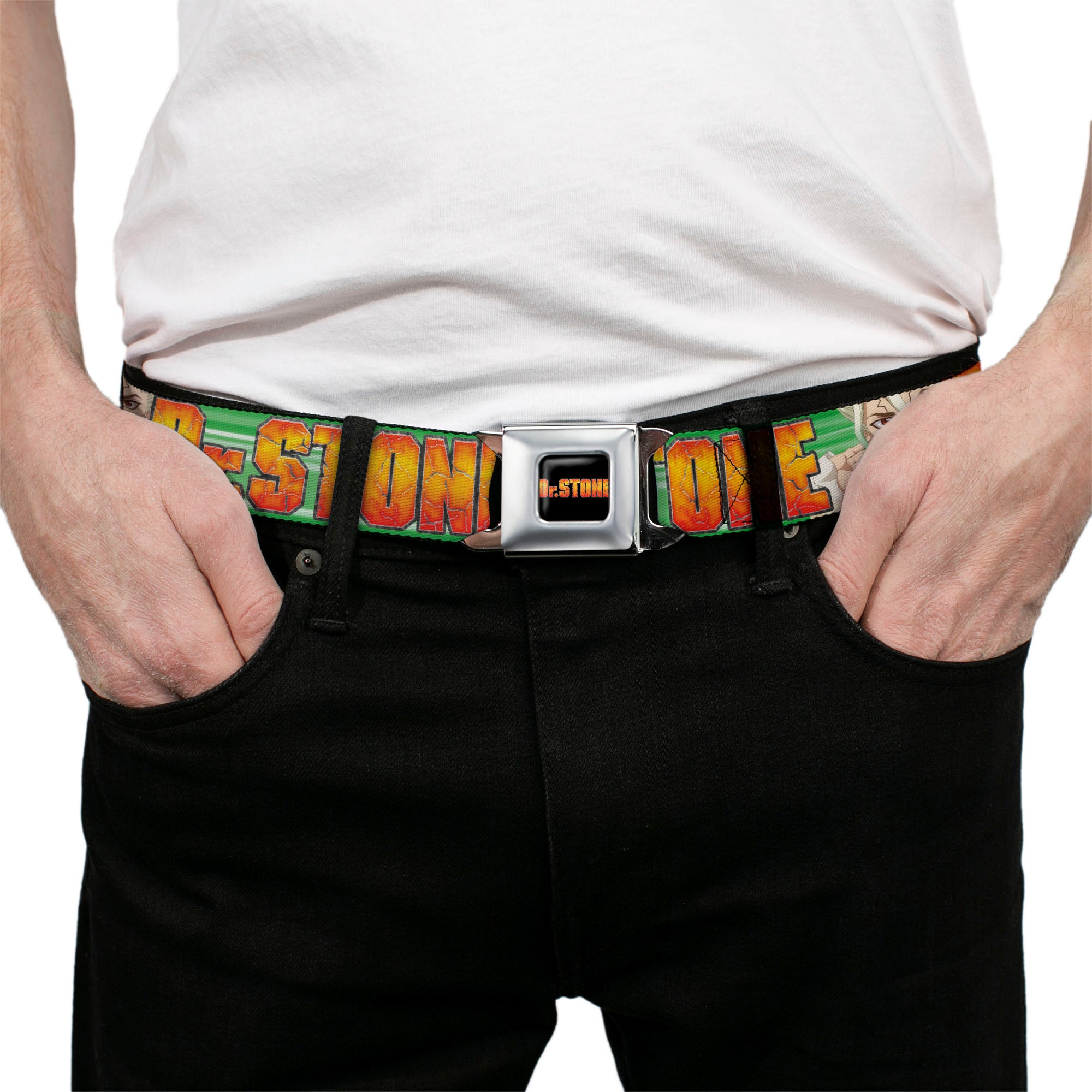 DR. STONE Title Logo Full Color Black/Orange Seatbelt Belt - DR. STONE Title Logo and Suika Face Close-Up Greens Webbing Seatbelt Belts Dr. Stone
