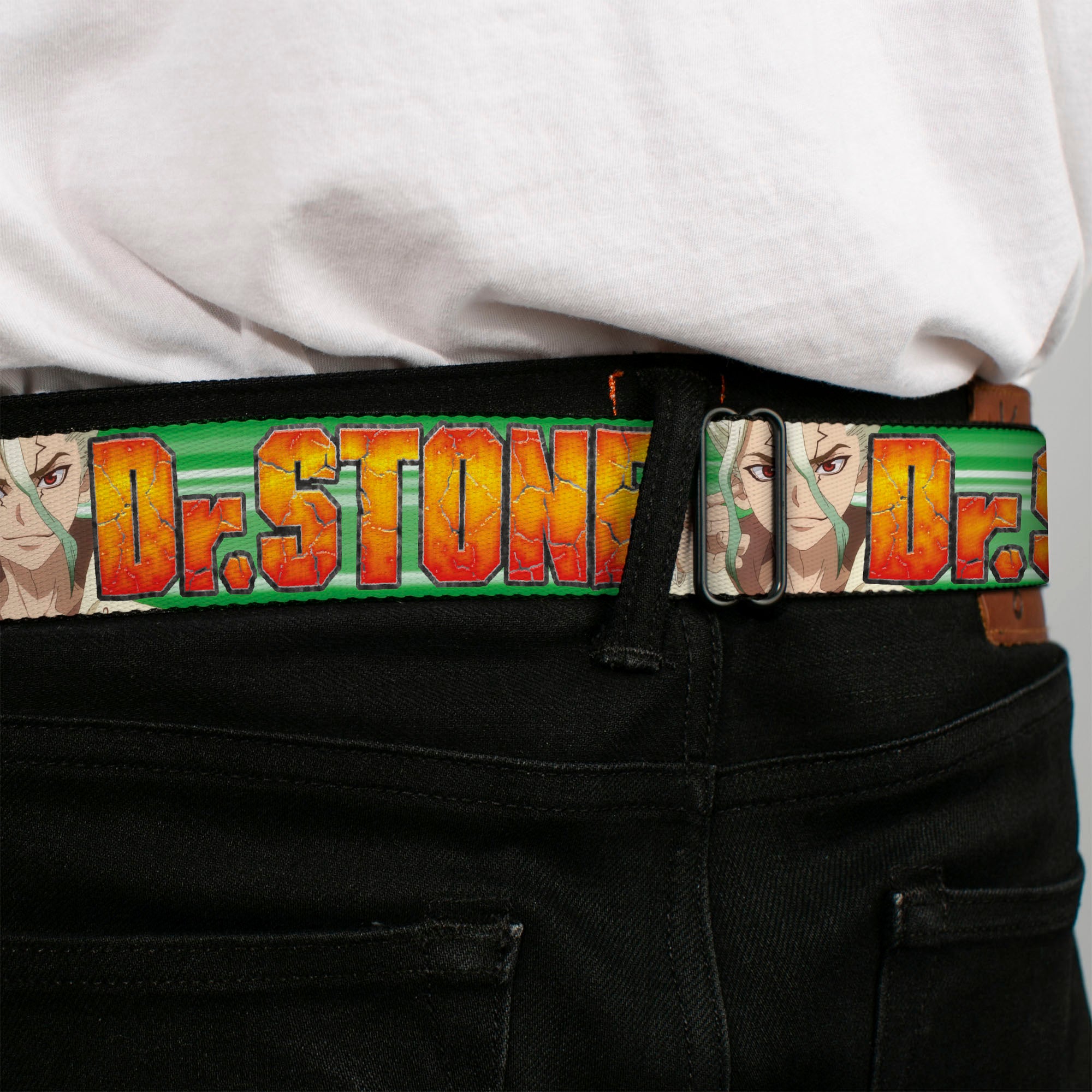 DR. STONE Title Logo Full Color Black/Orange Seatbelt Belt - DR. STONE Title Logo and Suika Face Close-Up Greens Webbing Seatbelt Belts Dr. Stone