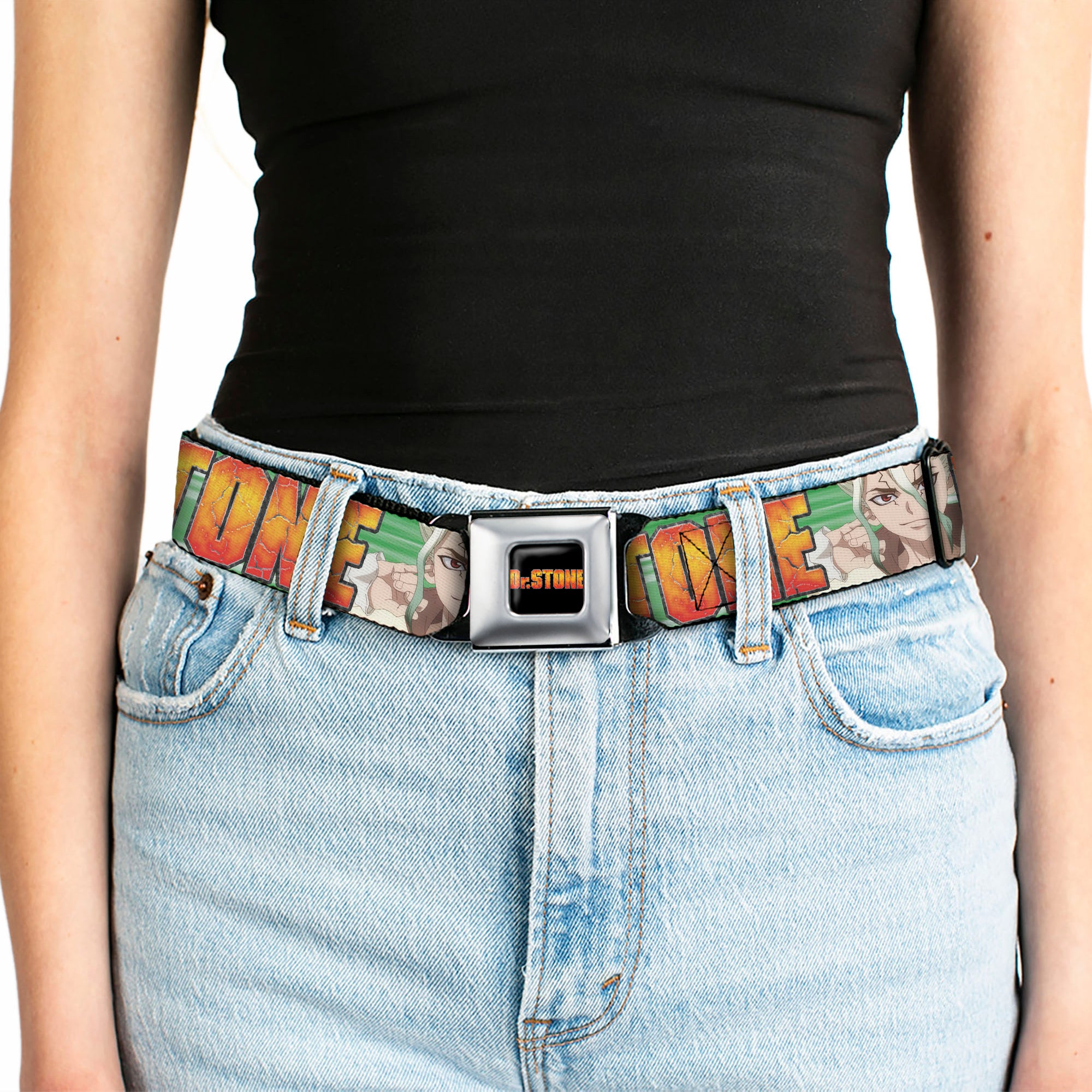 DR. STONE Title Logo Full Color Black/Orange Seatbelt Belt - DR. STONE Title Logo and Suika Face Close-Up Greens Webbing Seatbelt Belts Dr. Stone