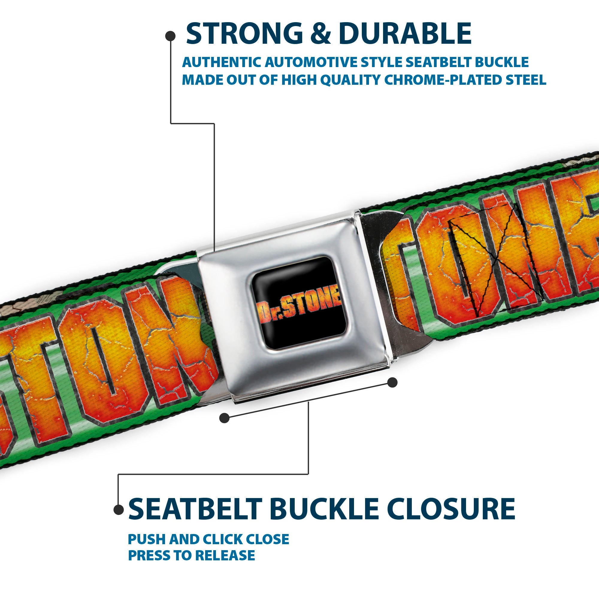 DR. STONE Title Logo Full Color Black/Orange Seatbelt Belt - DR. STONE Title Logo and Suika Face Close-Up Greens Webbing Seatbelt Belts Dr. Stone