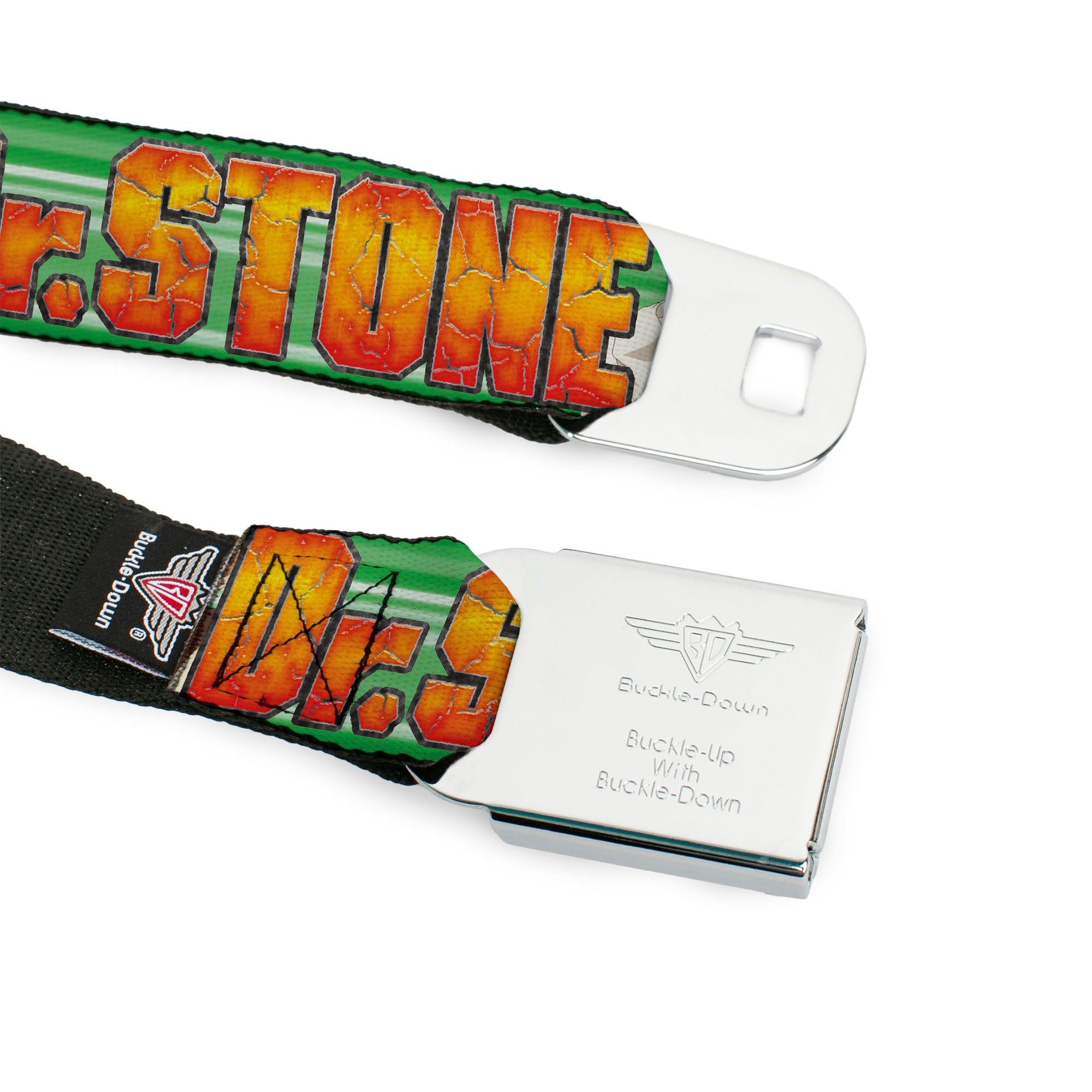 DR. STONE Title Logo Full Color Black/Orange Seatbelt Belt - DR. STONE Title Logo and Suika Face Close-Up Greens Webbing Seatbelt Belts Dr. Stone