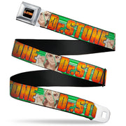 DR. STONE Title Logo Full Color Black/Orange Seatbelt Belt - DR. STONE Title Logo and Suika Face Close-Up Greens Webbing Seatbelt Belts Dr. Stone