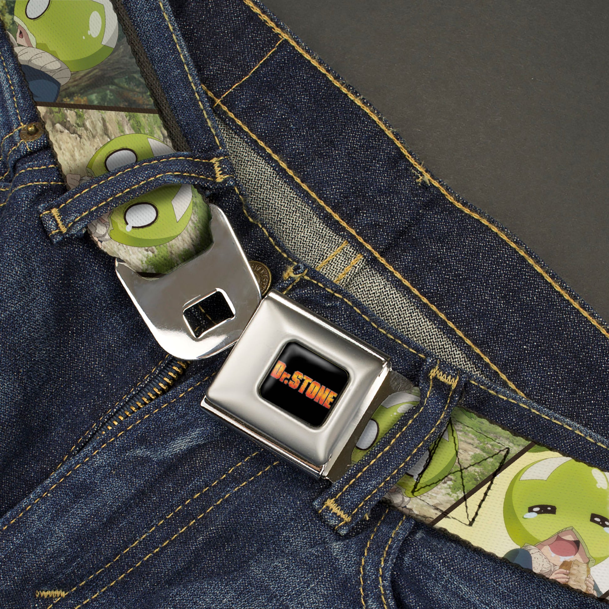 DR. STONE Title Logo Full Color Black/Orange Seatbelt Belt - DR. STONE Title Logo and Suika Pose Blocks Webbing Seatbelt Belts Dr. Stone