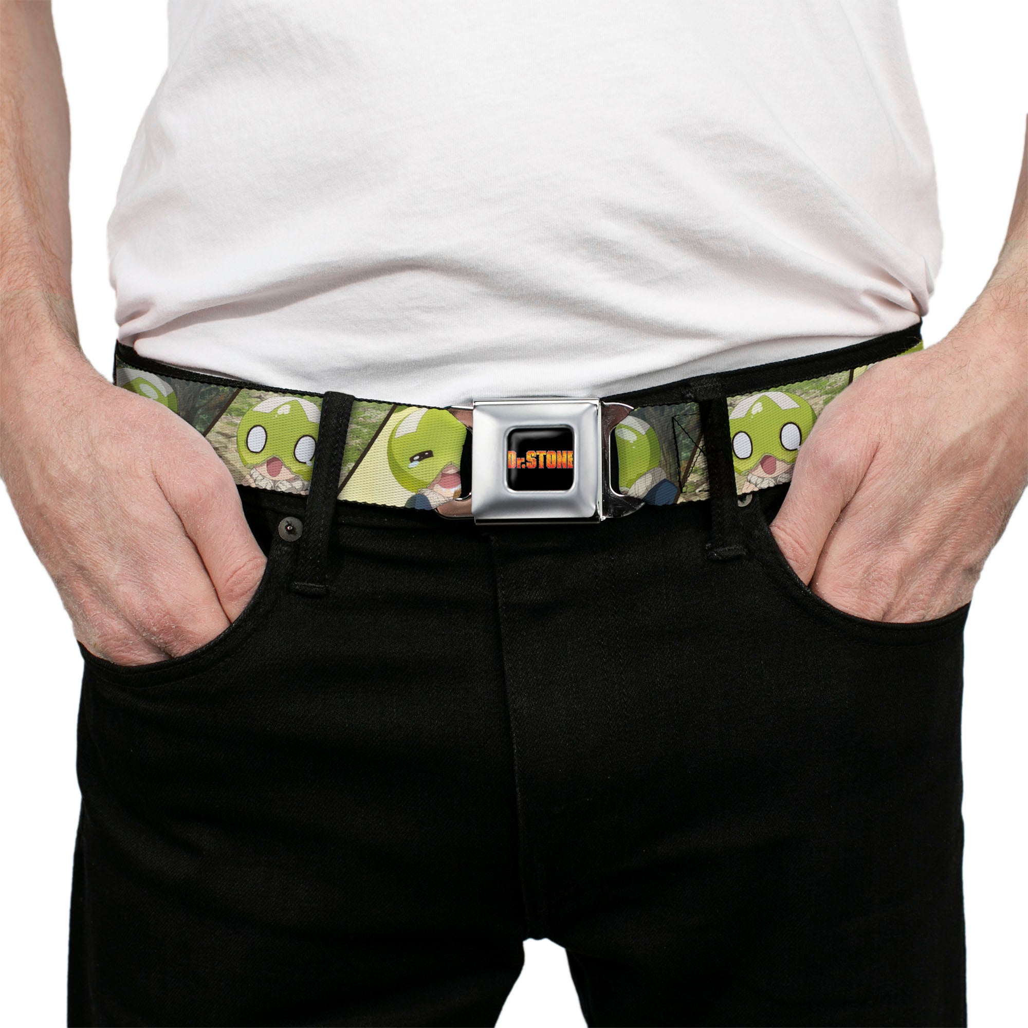DR. STONE Title Logo Full Color Black/Orange Seatbelt Belt - DR. STONE Title Logo and Suika Pose Blocks Webbing Seatbelt Belts Dr. Stone