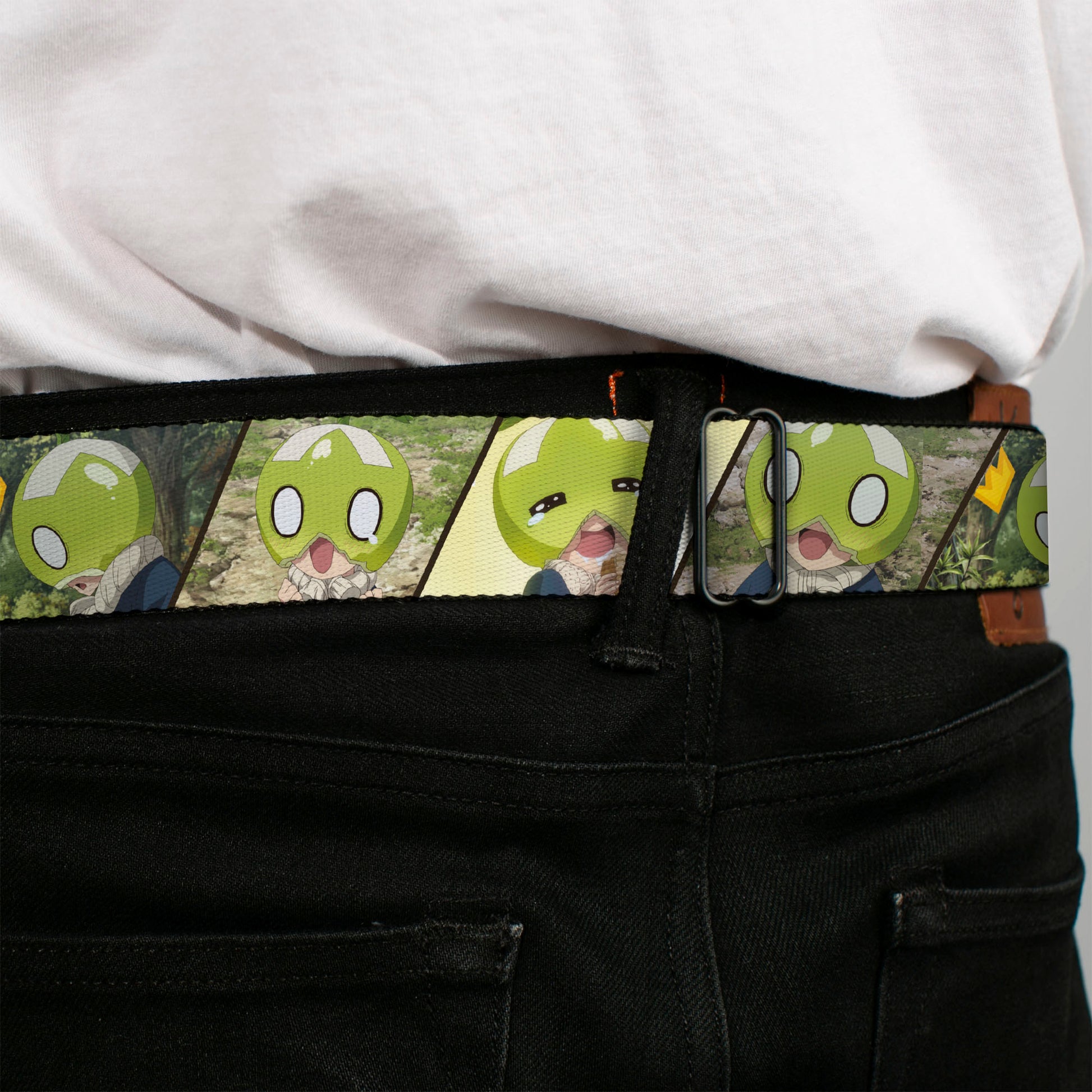 DR. STONE Title Logo Full Color Black/Orange Seatbelt Belt - DR. STONE Title Logo and Suika Pose Blocks Webbing Seatbelt Belts Dr. Stone