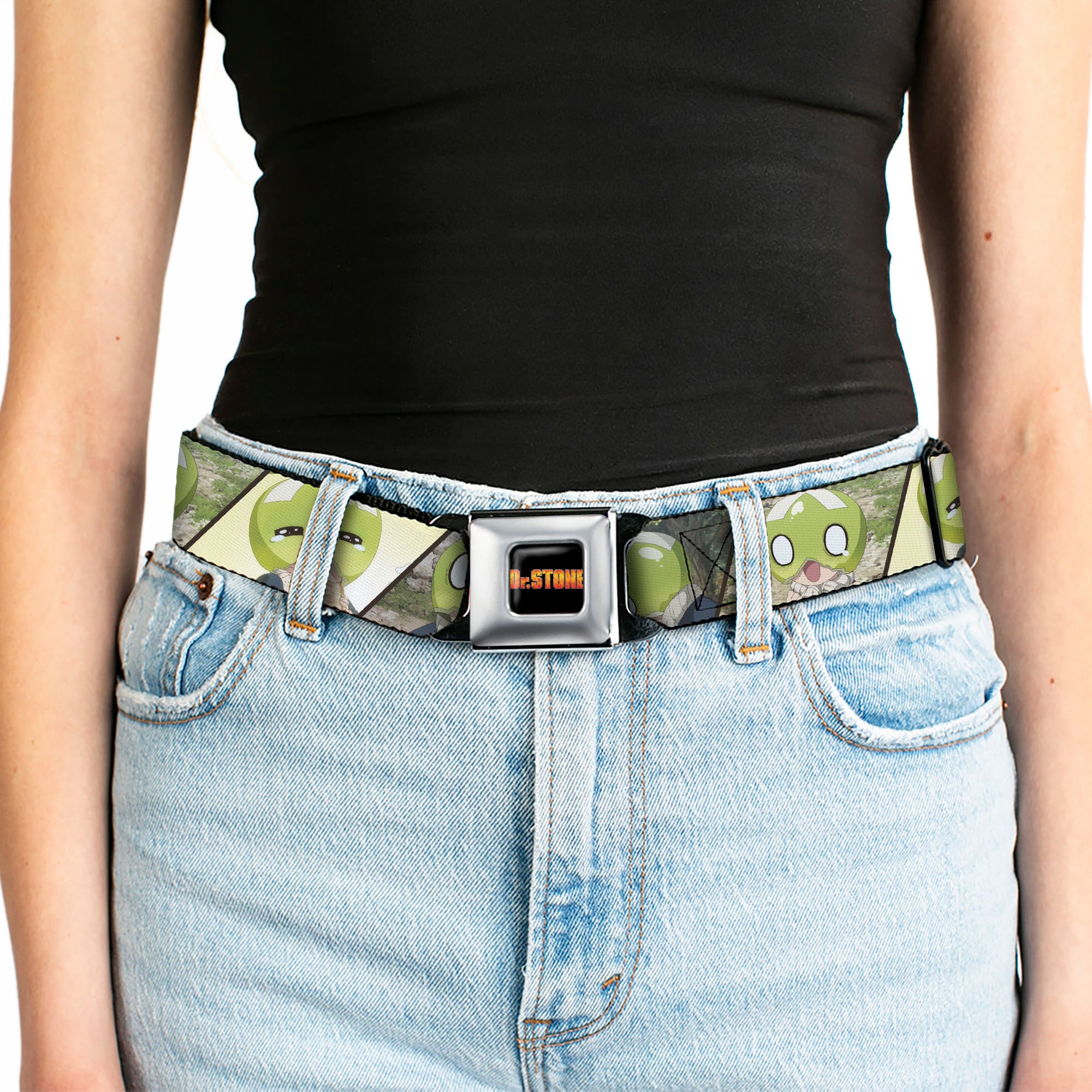 DR. STONE Title Logo Full Color Black/Orange Seatbelt Belt - DR. STONE Title Logo and Suika Pose Blocks Webbing Seatbelt Belts Dr. Stone
