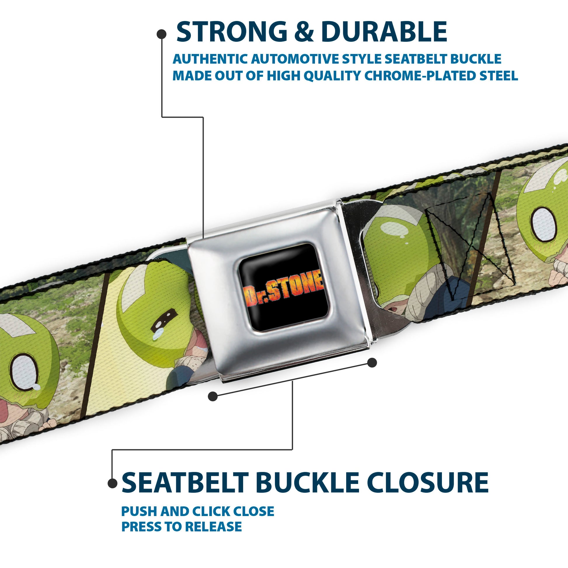 DR. STONE Title Logo Full Color Black/Orange Seatbelt Belt - DR. STONE Title Logo and Suika Pose Blocks Webbing Seatbelt Belts Dr. Stone