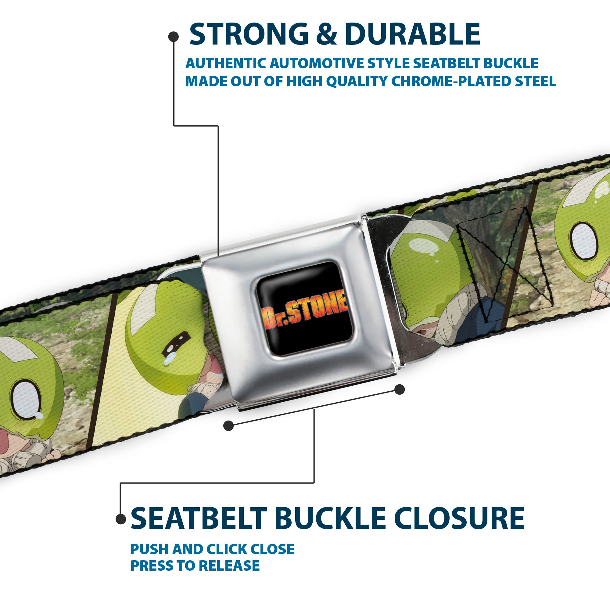 DR. STONE Title Logo Full Color Black/Orange Seatbelt Belt - DR. STONE Title Logo and Suika Pose Blocks Webbing Seatbelt Belts Dr. Stone