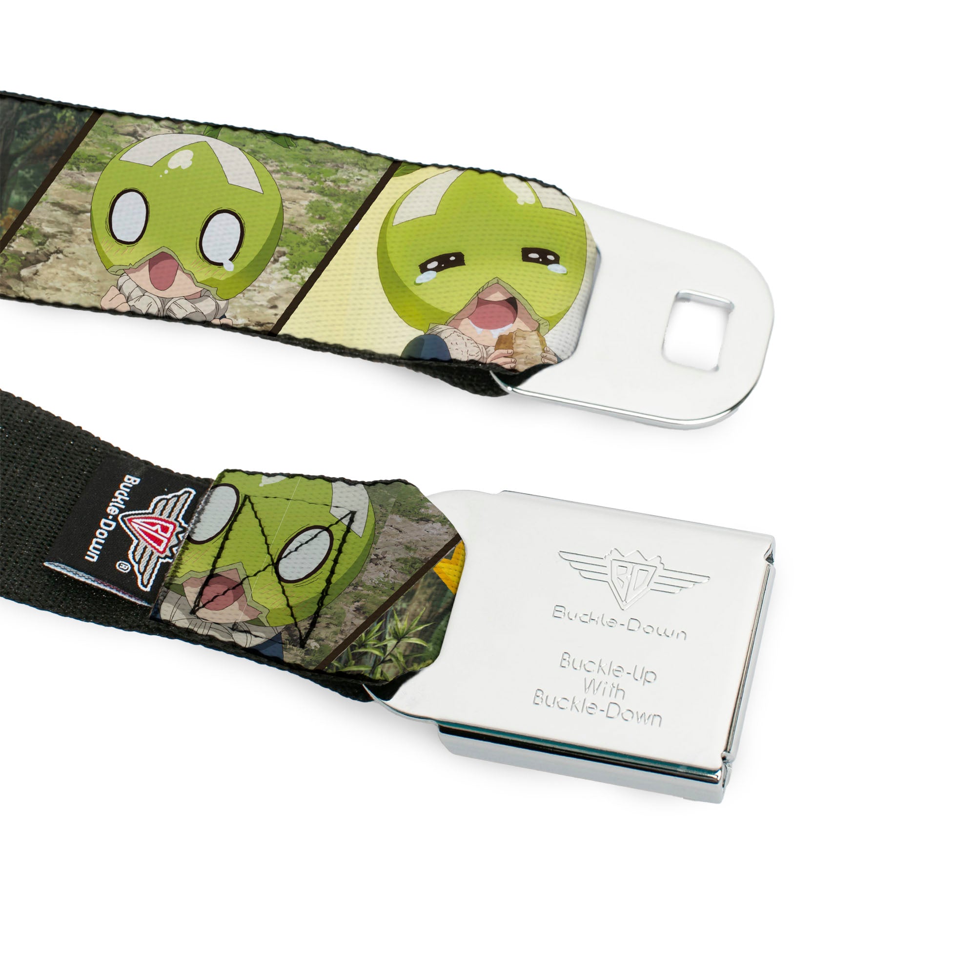 DR. STONE Title Logo Full Color Black/Orange Seatbelt Belt - DR. STONE Title Logo and Suika Pose Blocks Webbing Seatbelt Belts Dr. Stone