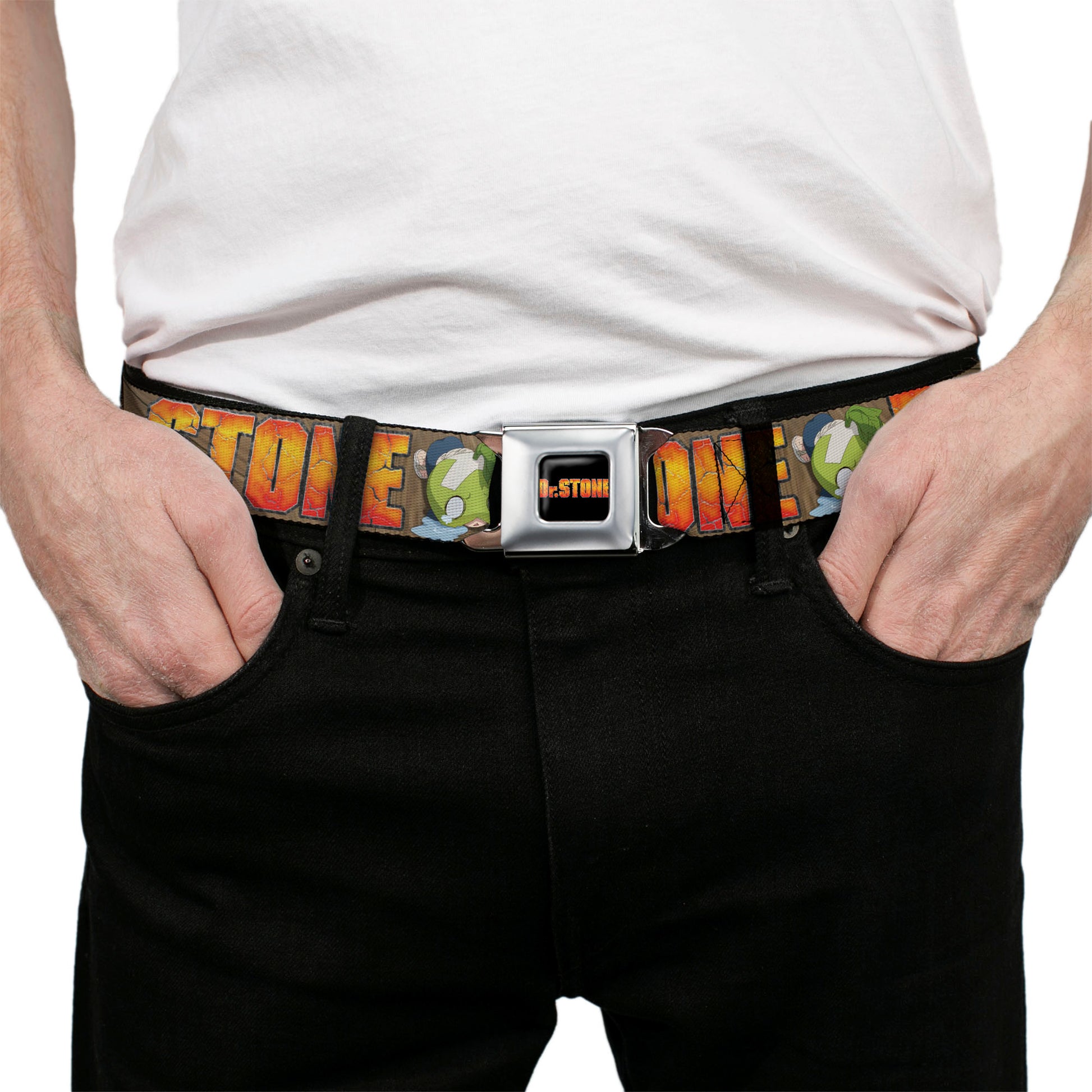 DR. STONE Title Logo Full Color Black/Orange Seatbelt Belt - DR. STONE Title Logo and Suika Crying Pose Browns Webbing Seatbelt Belts Dr. Stone