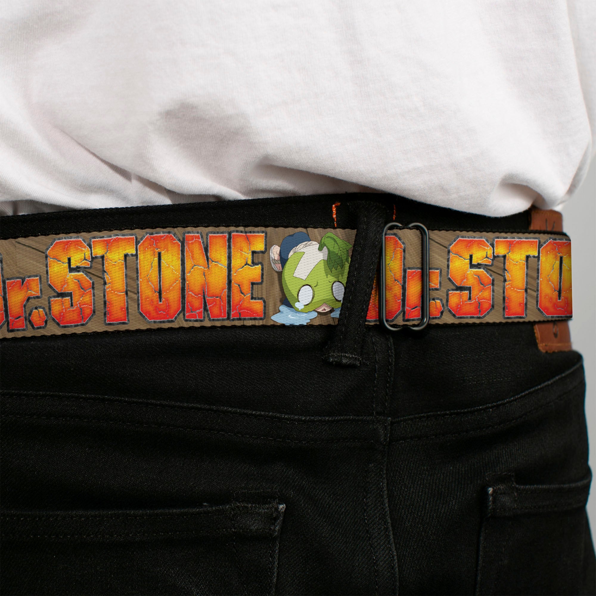DR. STONE Title Logo Full Color Black/Orange Seatbelt Belt - DR. STONE Title Logo and Suika Crying Pose Browns Webbing Seatbelt Belts Dr. Stone