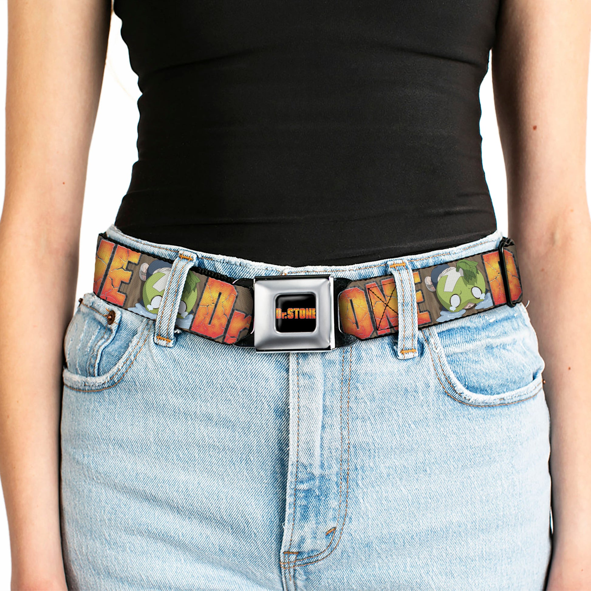 DR. STONE Title Logo Full Color Black/Orange Seatbelt Belt - DR. STONE Title Logo and Suika Crying Pose Browns Webbing Seatbelt Belts Dr. Stone
