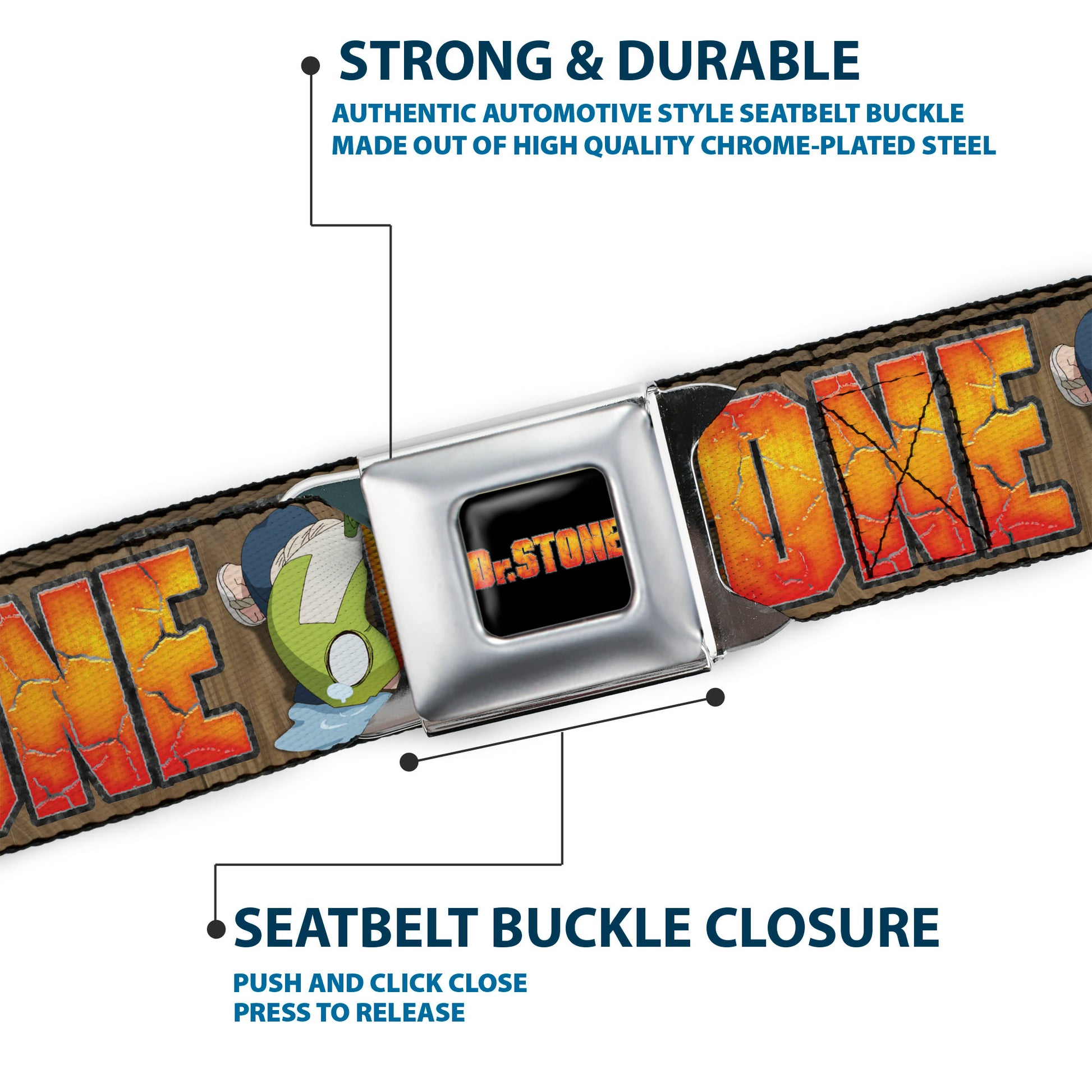 DR. STONE Title Logo Full Color Black/Orange Seatbelt Belt - DR. STONE Title Logo and Suika Crying Pose Browns Webbing Seatbelt Belts Dr. Stone