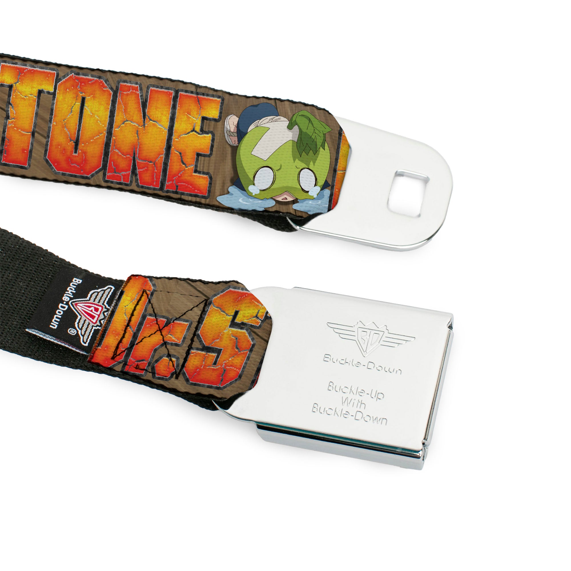 DR. STONE Title Logo Full Color Black/Orange Seatbelt Belt - DR. STONE Title Logo and Suika Crying Pose Browns Webbing Seatbelt Belts Dr. Stone