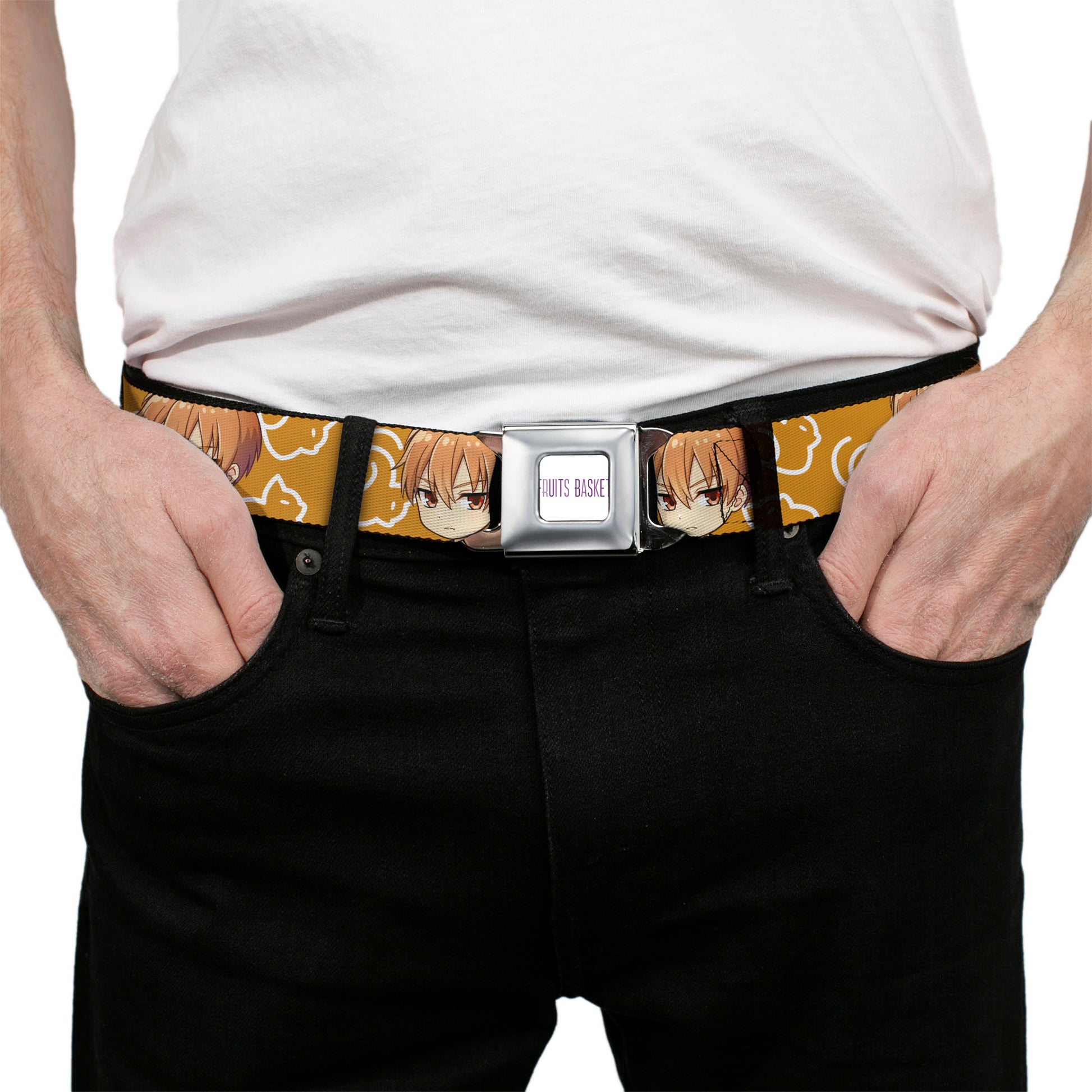 FRUITS BASKET Title Logo Full Color White/Purple Seatbelt Belt - Fruits Basket Chibi Kyo Soma Face and Kimono Cat Icon Orange/White Webbing Seatbelt Belts Fruits Basket