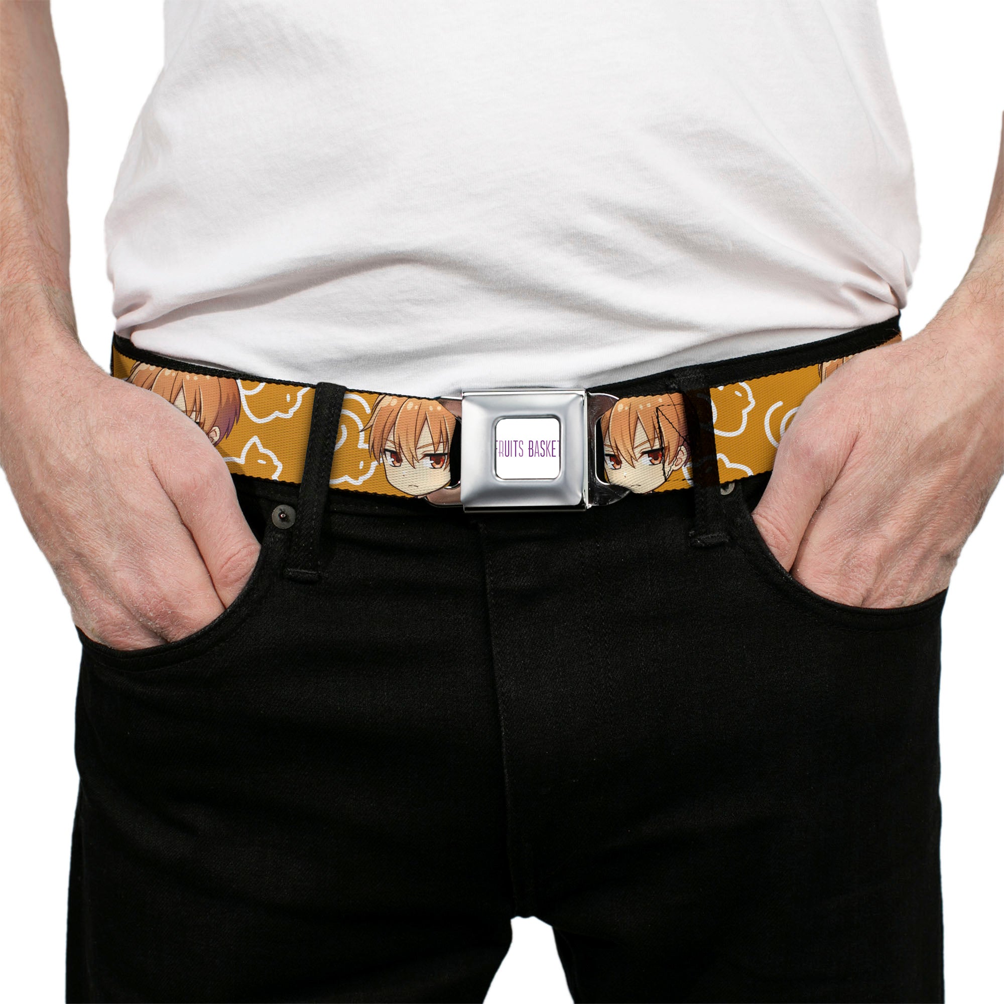 FRUITS BASKET Title Logo Full Color White/Purple Seatbelt Belt - Fruits Basket Chibi Kyo Soma Face and Kimono Cat Icon Orange/White Webbing Seatbelt Belts Fruits Basket