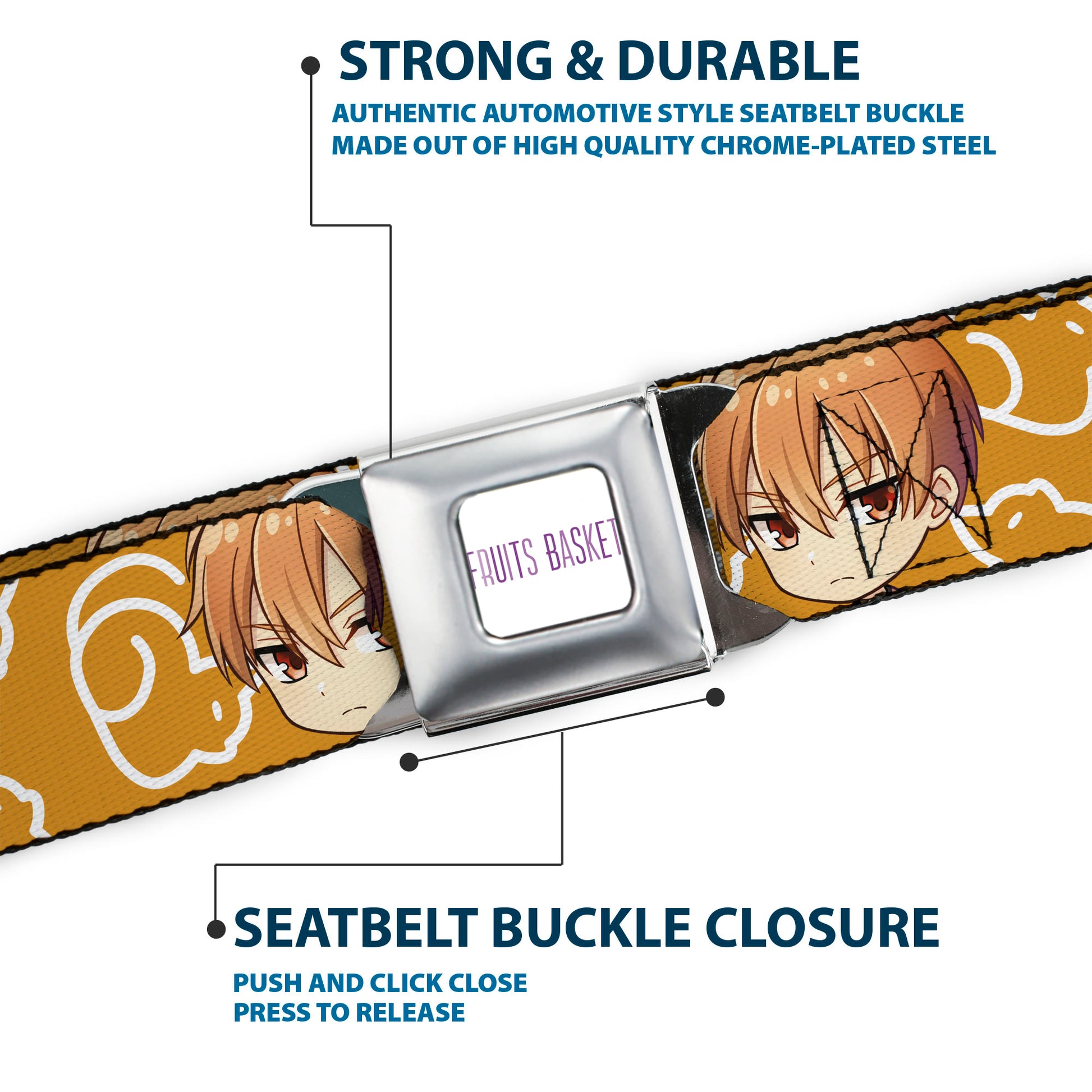 FRUITS BASKET Title Logo Full Color White/Purple Seatbelt Belt - Fruits Basket Chibi Kyo Soma Face and Kimono Cat Icon Orange/White Webbing Seatbelt Belts Fruits Basket