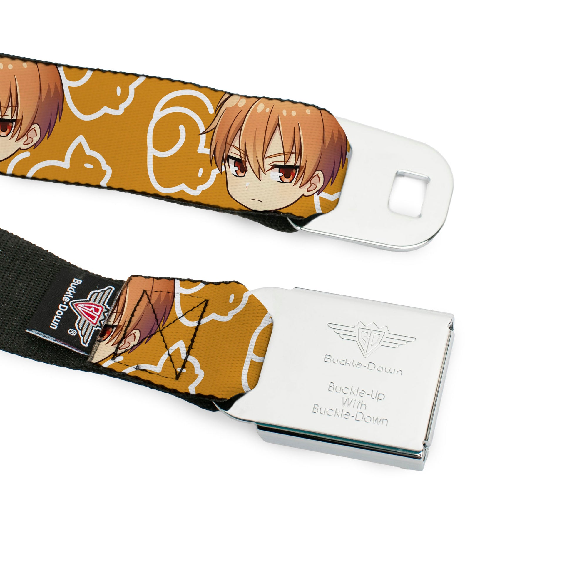 FRUITS BASKET Title Logo Full Color White/Purple Seatbelt Belt - Fruits Basket Chibi Kyo Soma Face and Kimono Cat Icon Orange/White Webbing Seatbelt Belts Fruits Basket