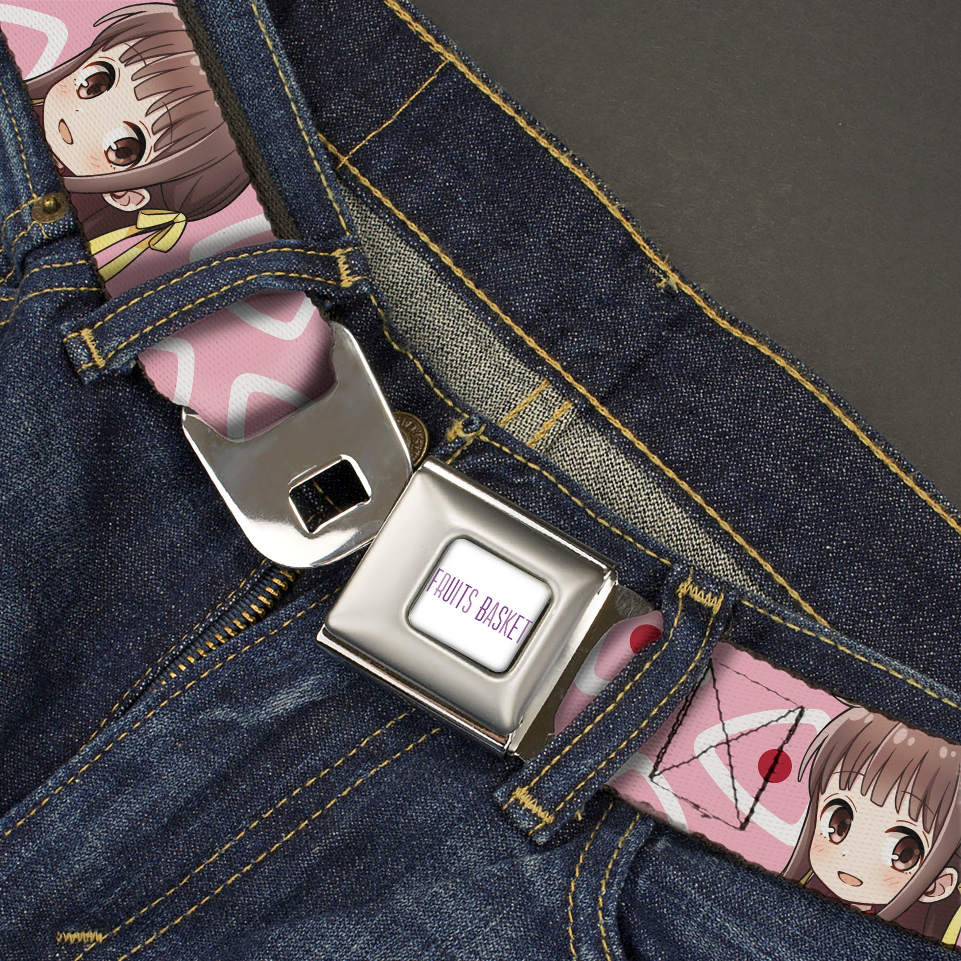 FRUITS BASKET Title Logo Full Color White/Purple Seatbelt Belt - Fruits Basket Chibi Tohru Honda Face and Kimono Rice Ball Icon Pink/White/Red Webbing Seatbelt Belts Fruits Basket