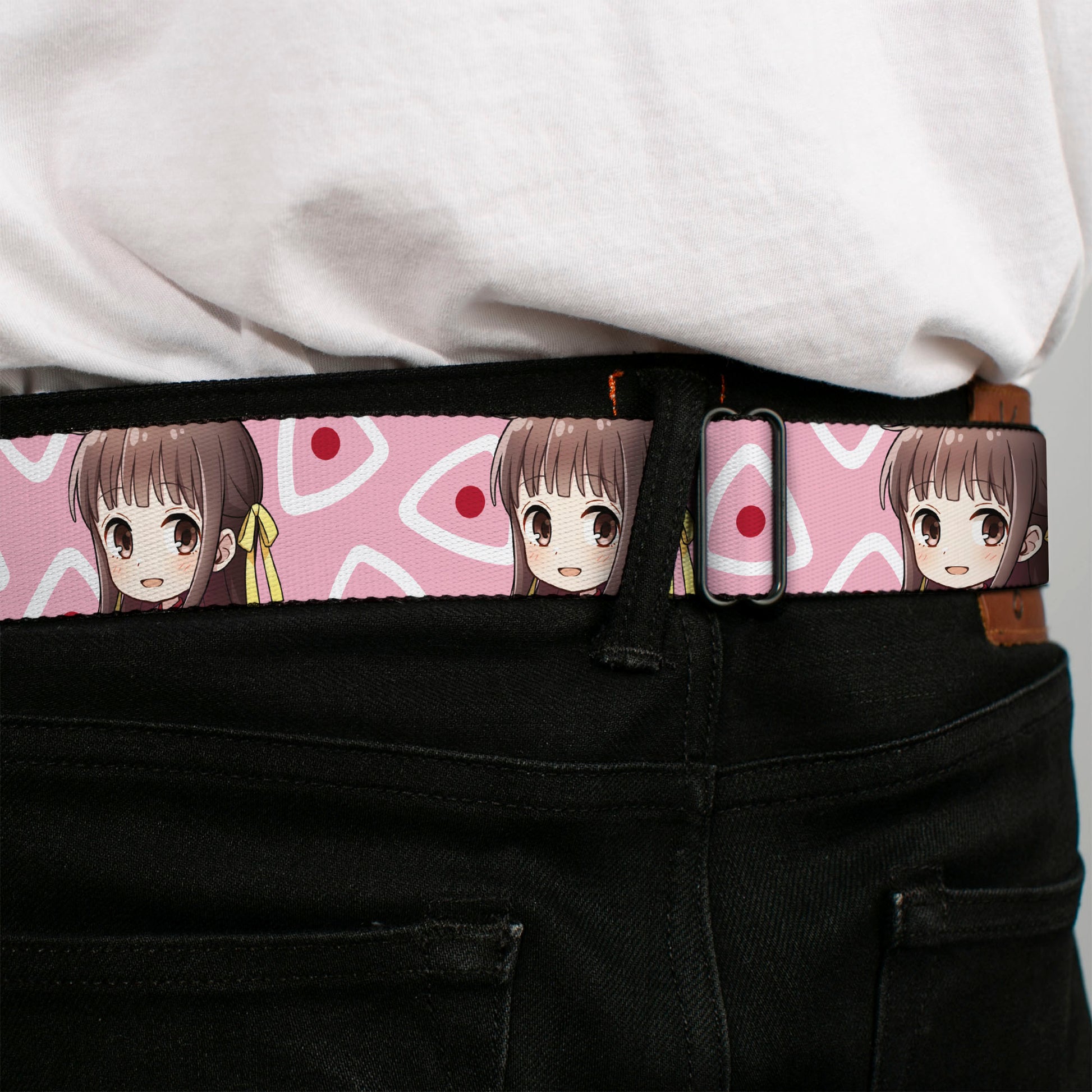 FRUITS BASKET Title Logo Full Color White/Purple Seatbelt Belt - Fruits Basket Chibi Tohru Honda Face and Kimono Rice Ball Icon Pink/White/Red Webbing Seatbelt Belts Fruits Basket