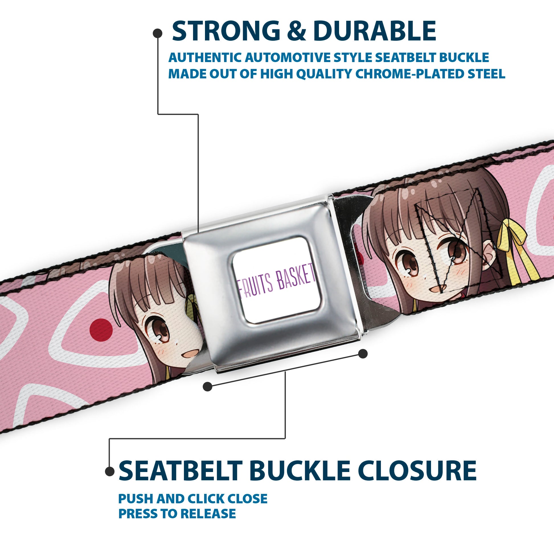 FRUITS BASKET Title Logo Full Color White/Purple Seatbelt Belt - Fruits Basket Chibi Tohru Honda Face and Kimono Rice Ball Icon Pink/White/Red Webbing Seatbelt Belts Fruits Basket
