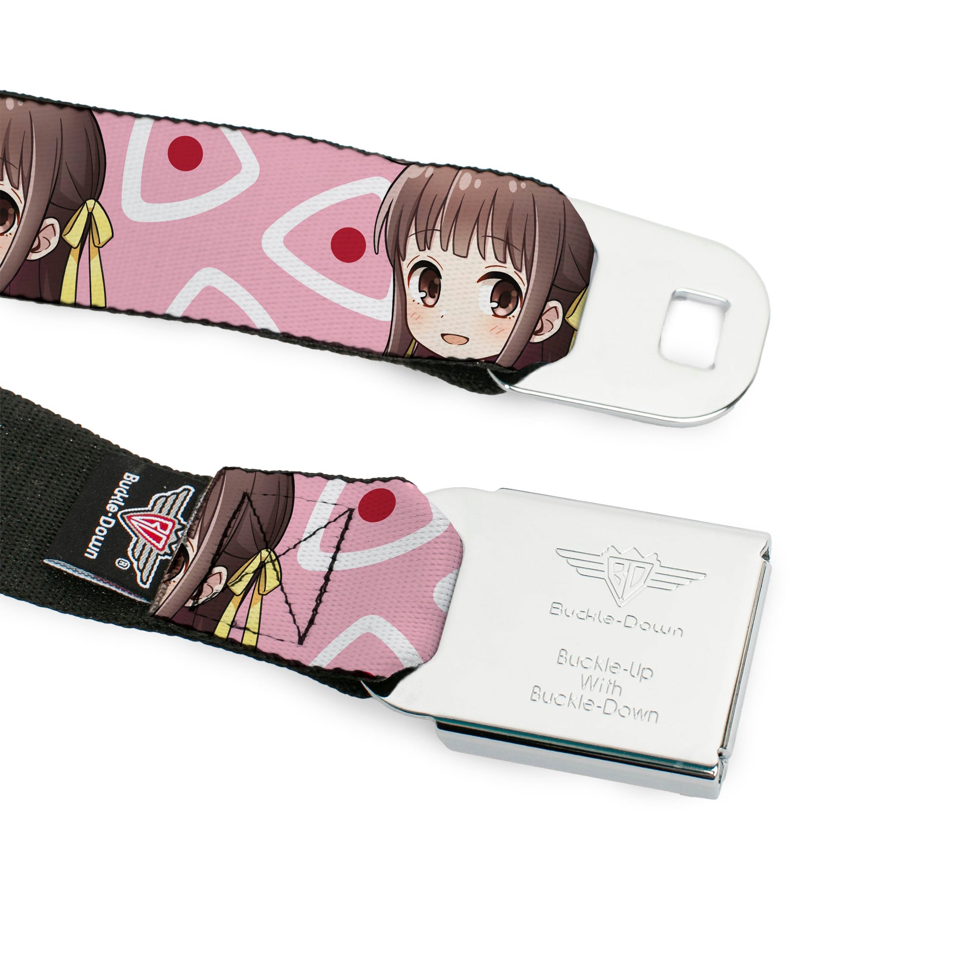 FRUITS BASKET Title Logo Full Color White/Purple Seatbelt Belt - Fruits Basket Chibi Tohru Honda Face and Kimono Rice Ball Icon Pink/White/Red Webbing Seatbelt Belts Fruits Basket