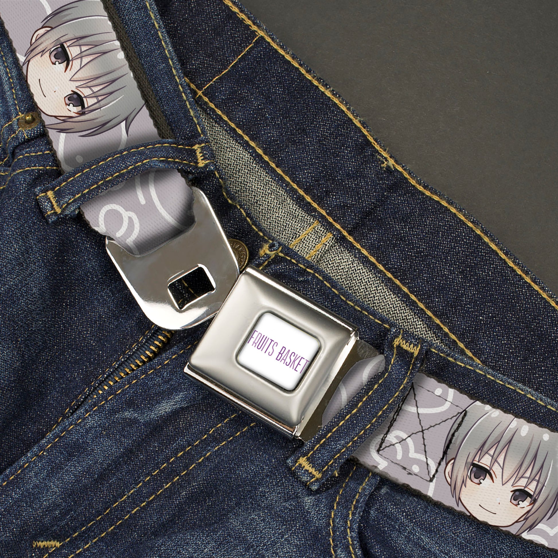 FRUITS BASKET Title Logo Full Color White/Purple Seatbelt Belt - Fruits Basket Chibi Yuki Soma Face and Kimono Rat Icon Gray/White Webbing Seatbelt Belts Fruits Basket