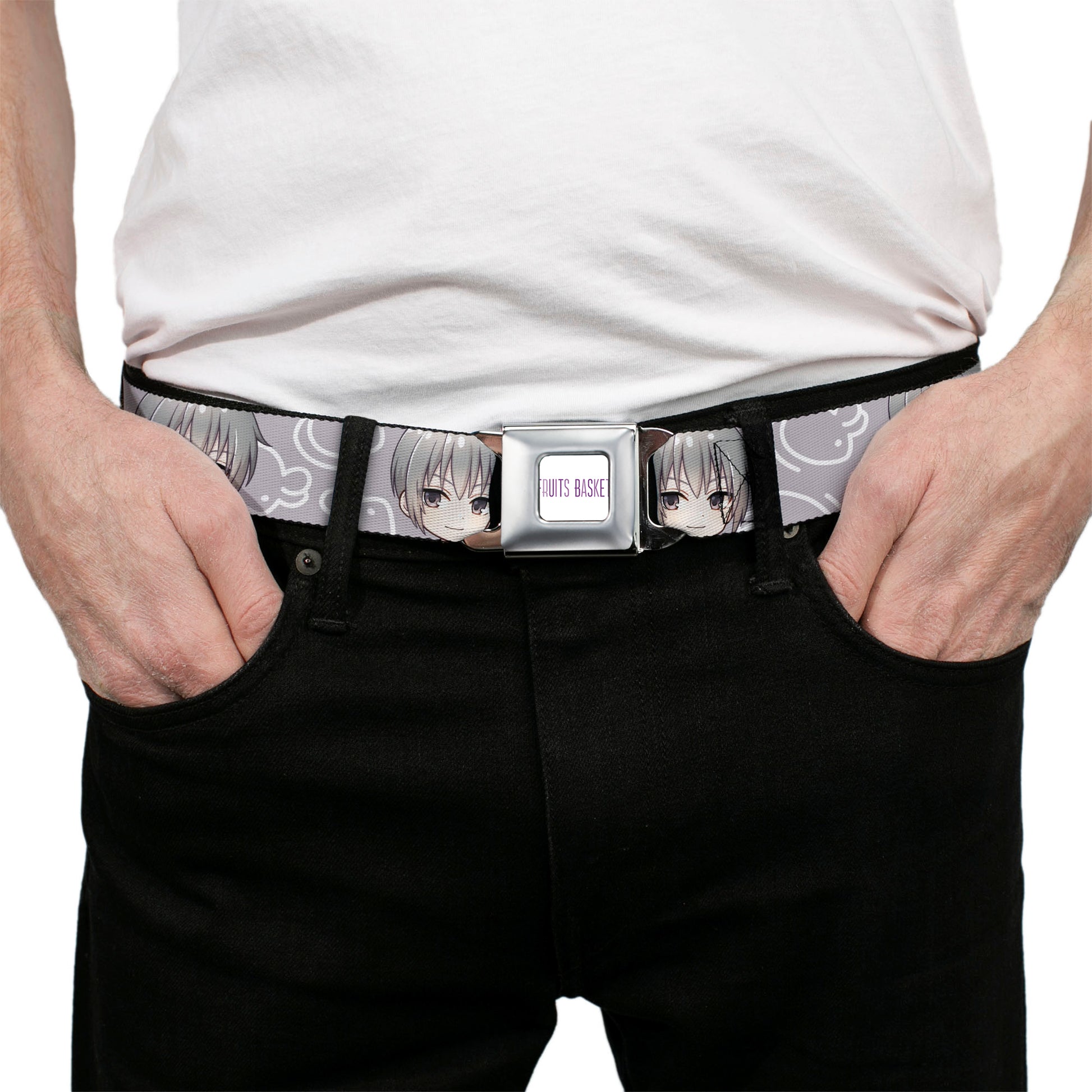 FRUITS BASKET Title Logo Full Color White/Purple Seatbelt Belt - Fruits Basket Chibi Yuki Soma Face and Kimono Rat Icon Gray/White Webbing Seatbelt Belts Fruits Basket