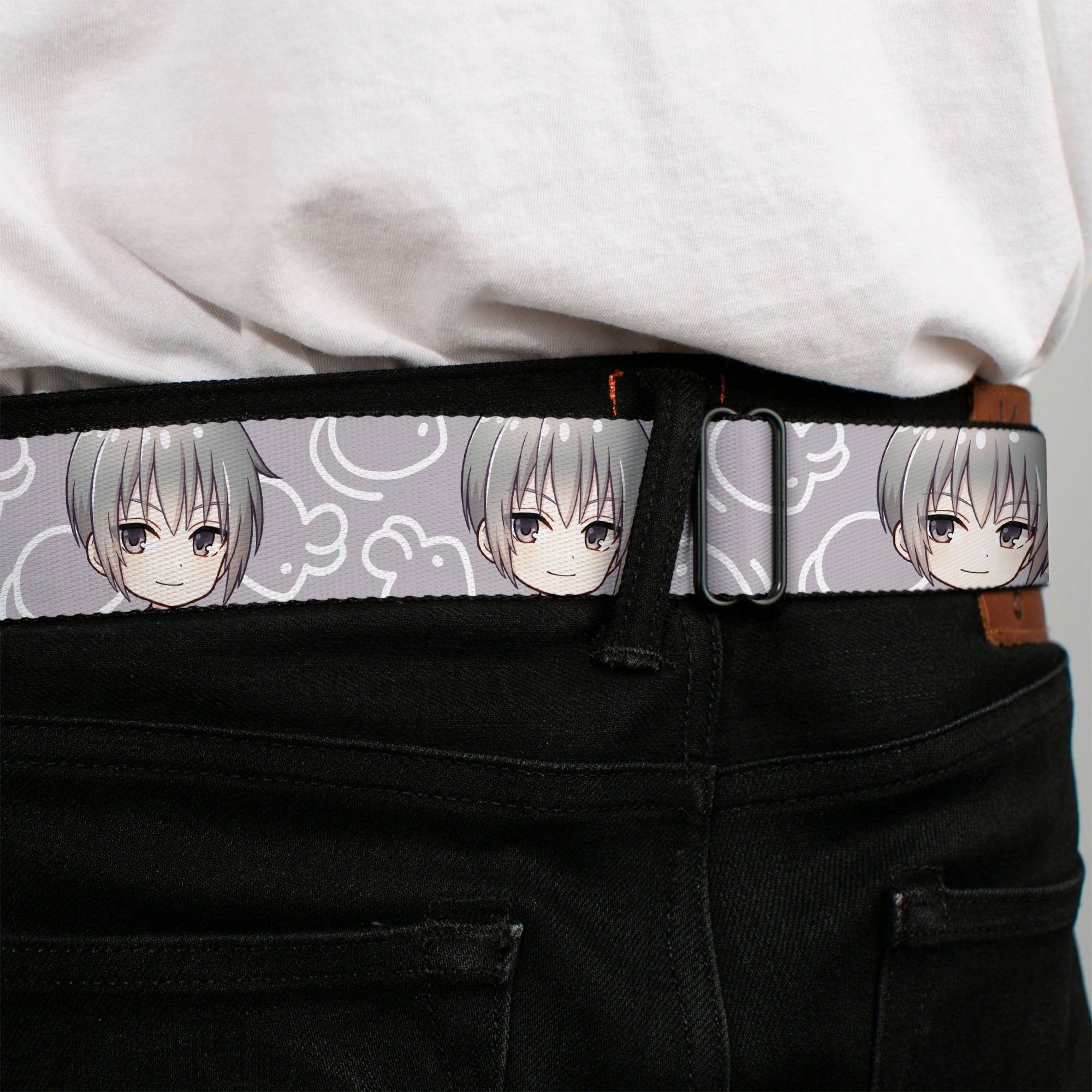 FRUITS BASKET Title Logo Full Color White/Purple Seatbelt Belt - Fruits Basket Chibi Yuki Soma Face and Kimono Rat Icon Gray/White Webbing Seatbelt Belts Fruits Basket