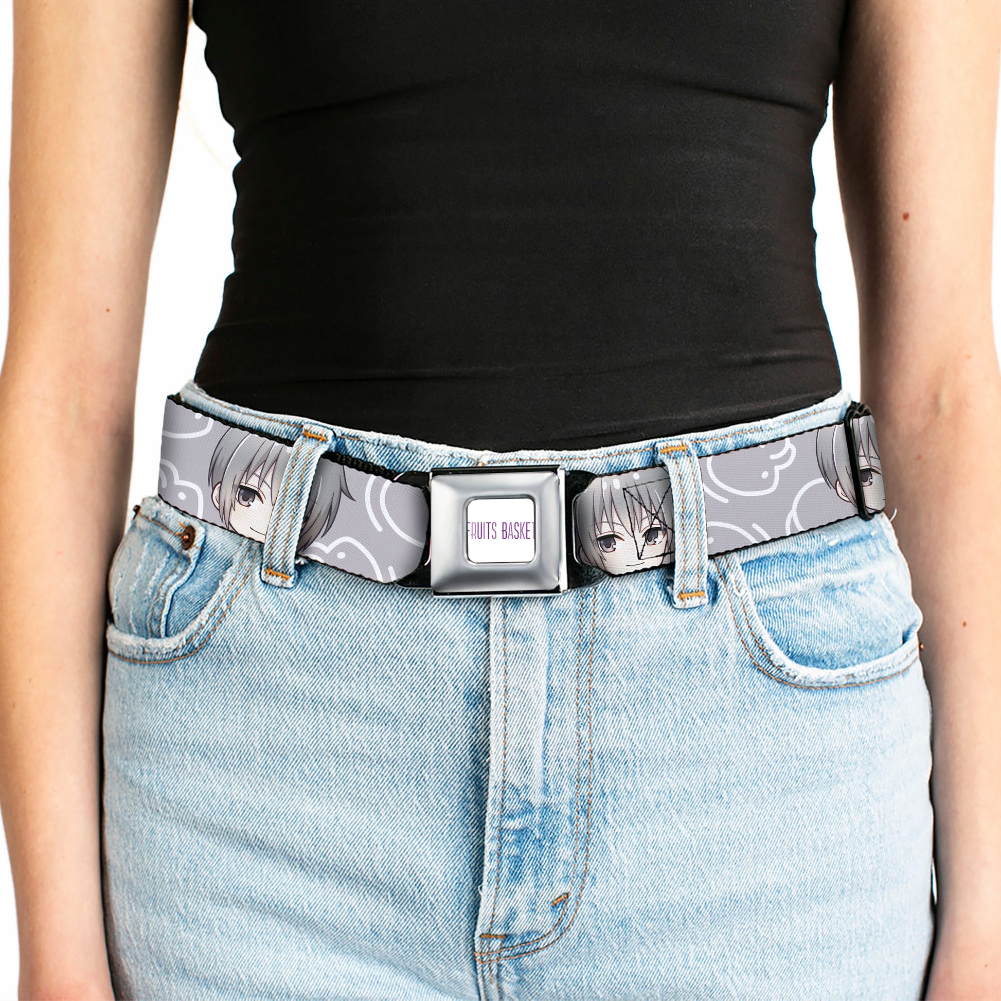 FRUITS BASKET Title Logo Full Color White/Purple Seatbelt Belt - Fruits Basket Chibi Yuki Soma Face and Kimono Rat Icon Gray/White Webbing Seatbelt Belts Fruits Basket