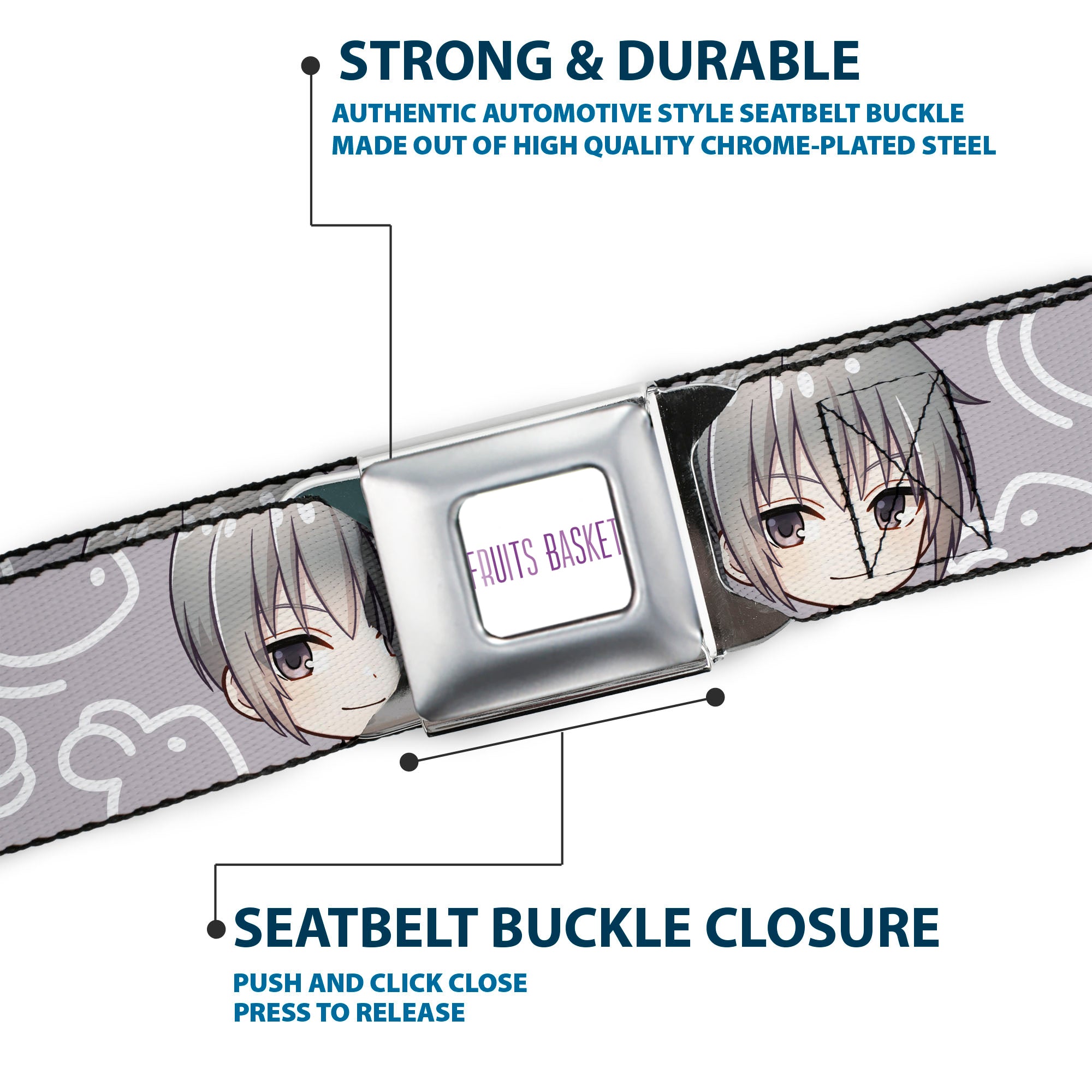FRUITS BASKET Title Logo Full Color White/Purple Seatbelt Belt - Fruits Basket Chibi Yuki Soma Face and Kimono Rat Icon Gray/White Webbing Seatbelt Belts Fruits Basket