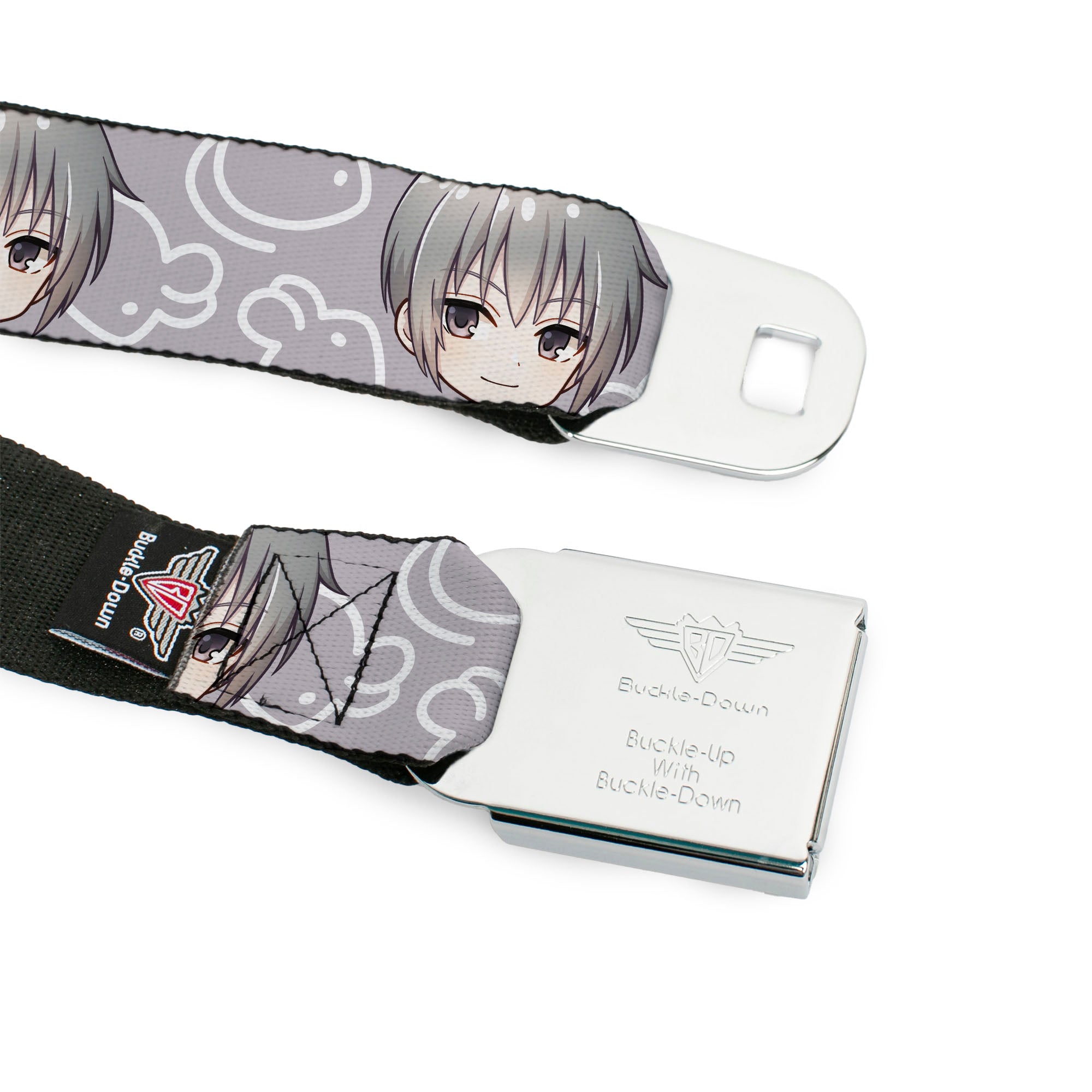FRUITS BASKET Title Logo Full Color White/Purple Seatbelt Belt - Fruits Basket Chibi Yuki Soma Face and Kimono Rat Icon Gray/White Webbing Seatbelt Belts Fruits Basket
