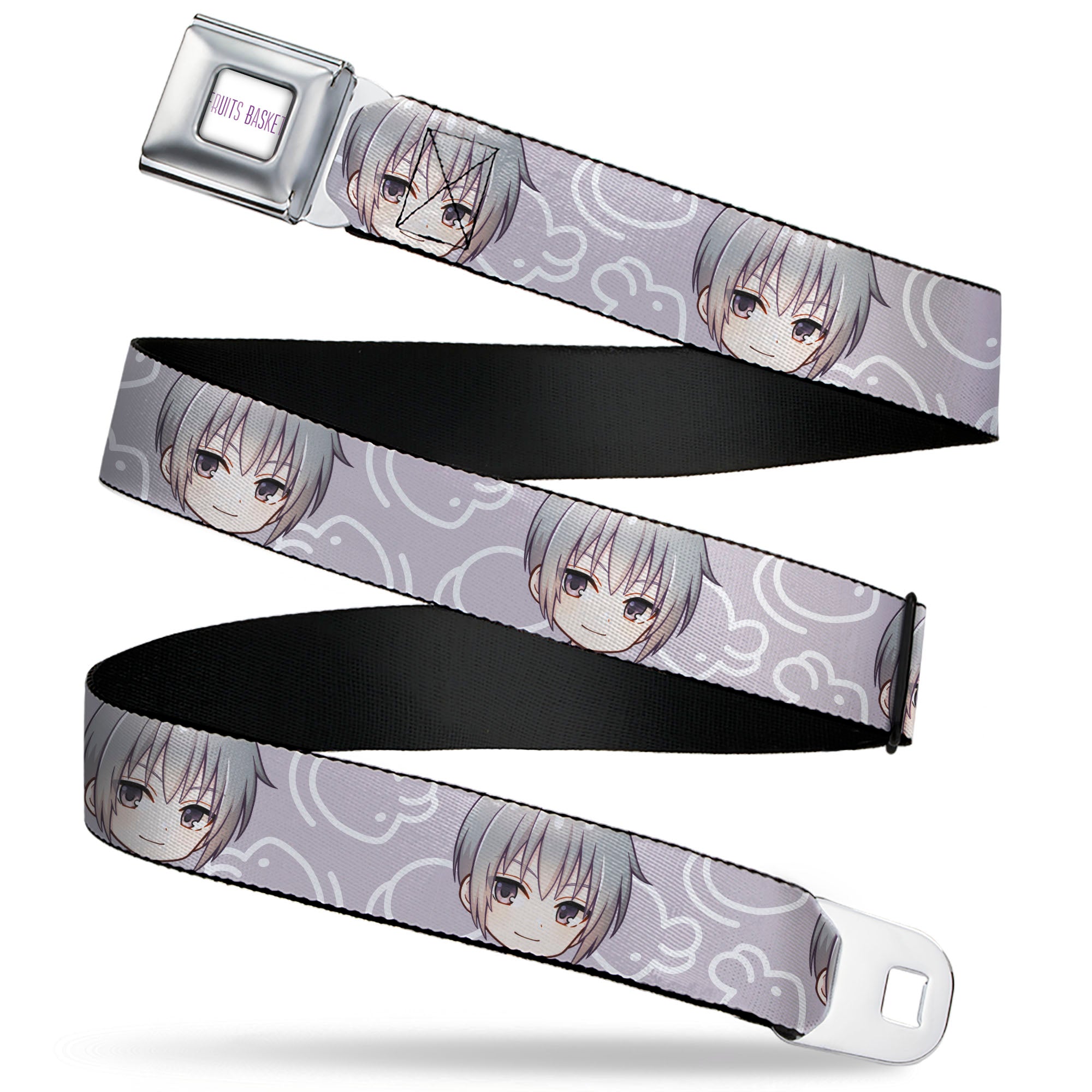 FRUITS BASKET Title Logo Full Color White/Purple Seatbelt Belt - Fruits Basket Chibi Yuki Soma Face and Kimono Rat Icon Gray/White Webbing Seatbelt Belts Fruits Basket