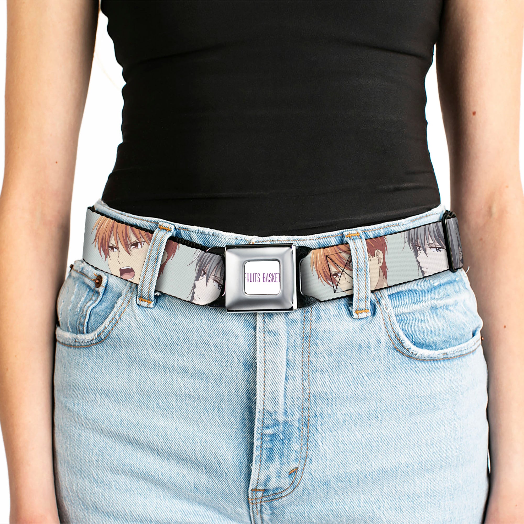 FRUITS BASKET Title Logo Full Color White/Purple Seatbelt Belt - Fruits Basket Kyo Yuki Shigure Group Faces Mint Green Webbing Seatbelt Belts Fruits Basket