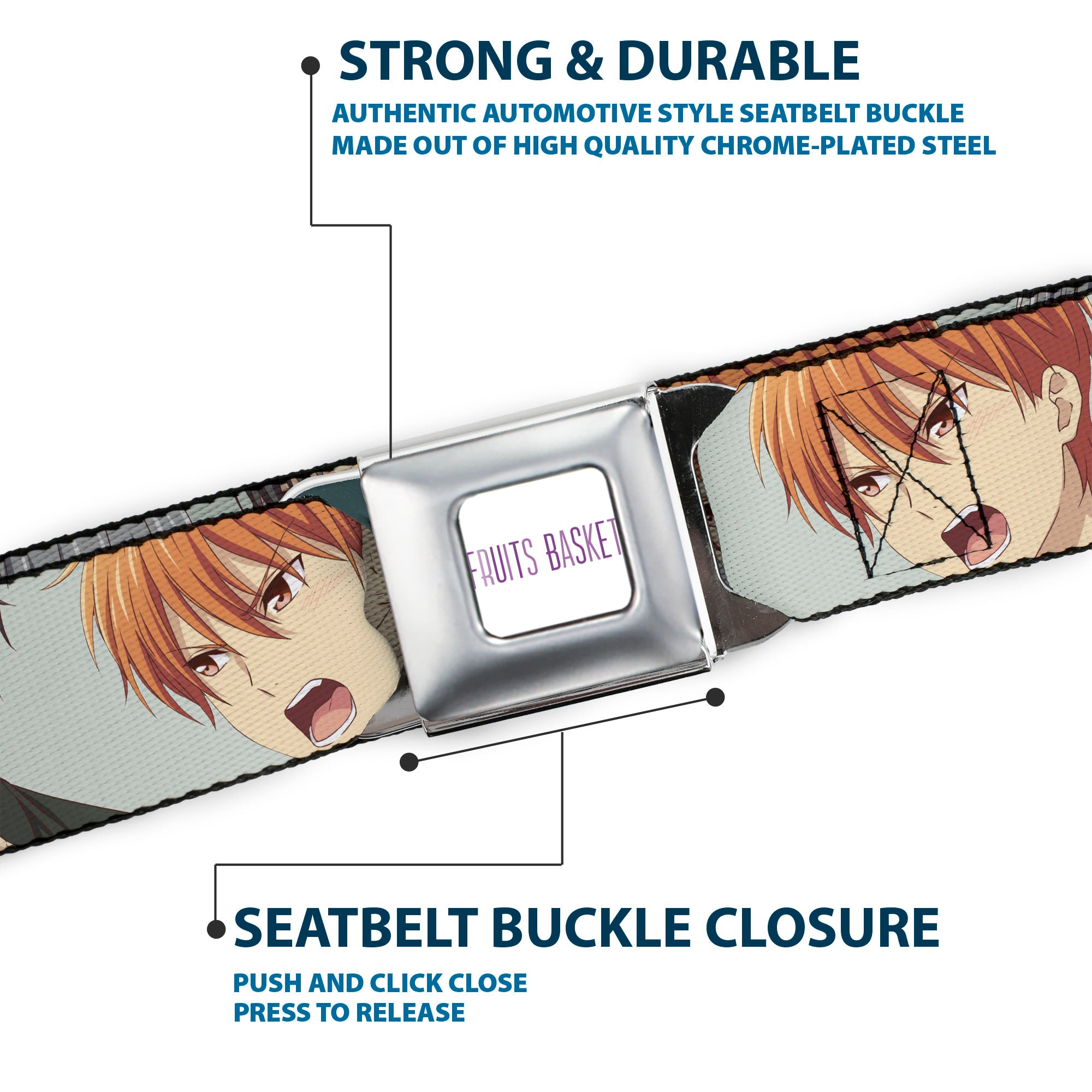 FRUITS BASKET Title Logo Full Color White/Purple Seatbelt Belt - Fruits Basket Kyo Yuki Shigure Group Faces Mint Green Webbing Seatbelt Belts Fruits Basket