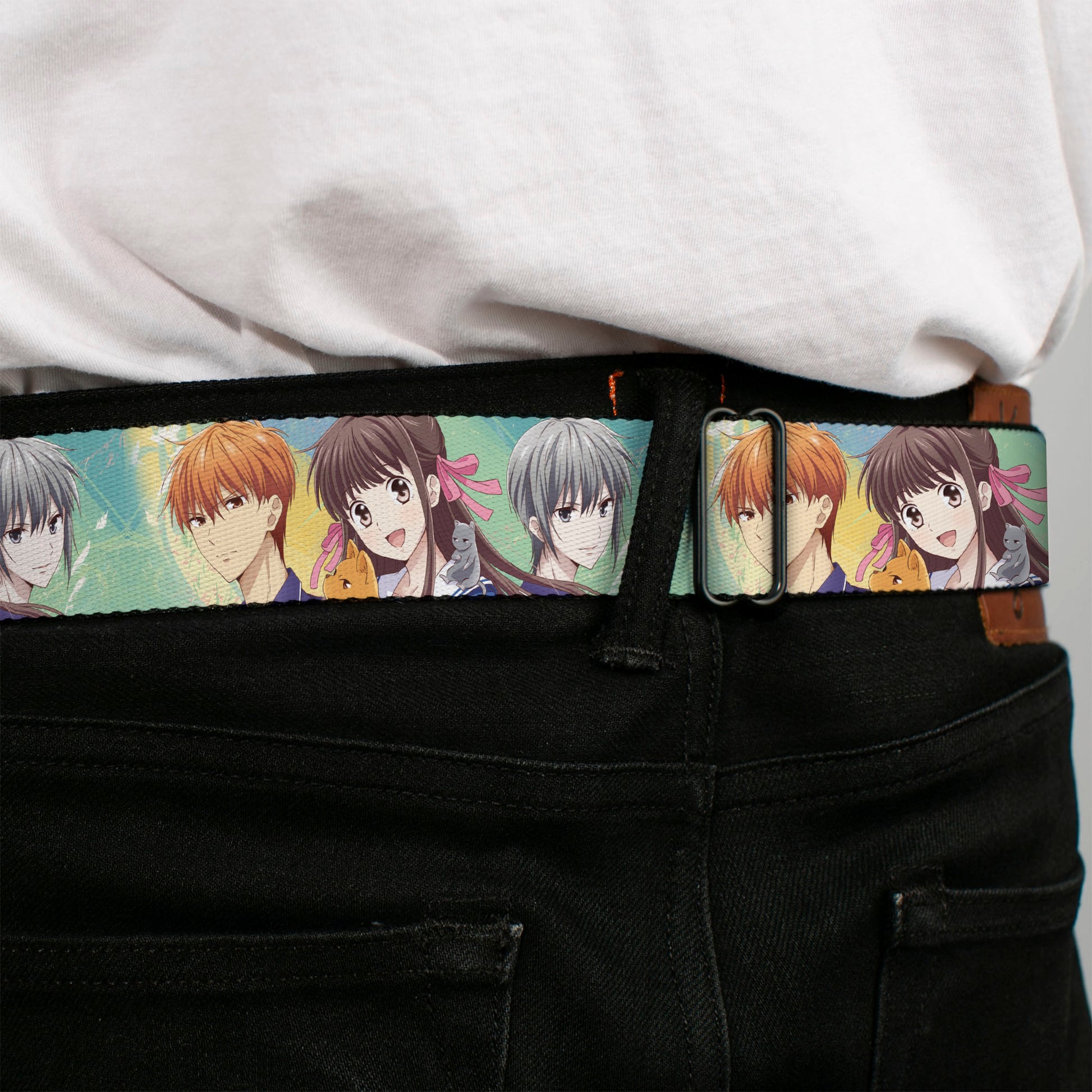 FRUITS BASKET Title Logo Full Color White/Purple Seatbelt Belt - Fruits Basket Kyo Tohru Yuki Group Pose Greens/Blues Webbing Seatbelt Belts Fruits Basket