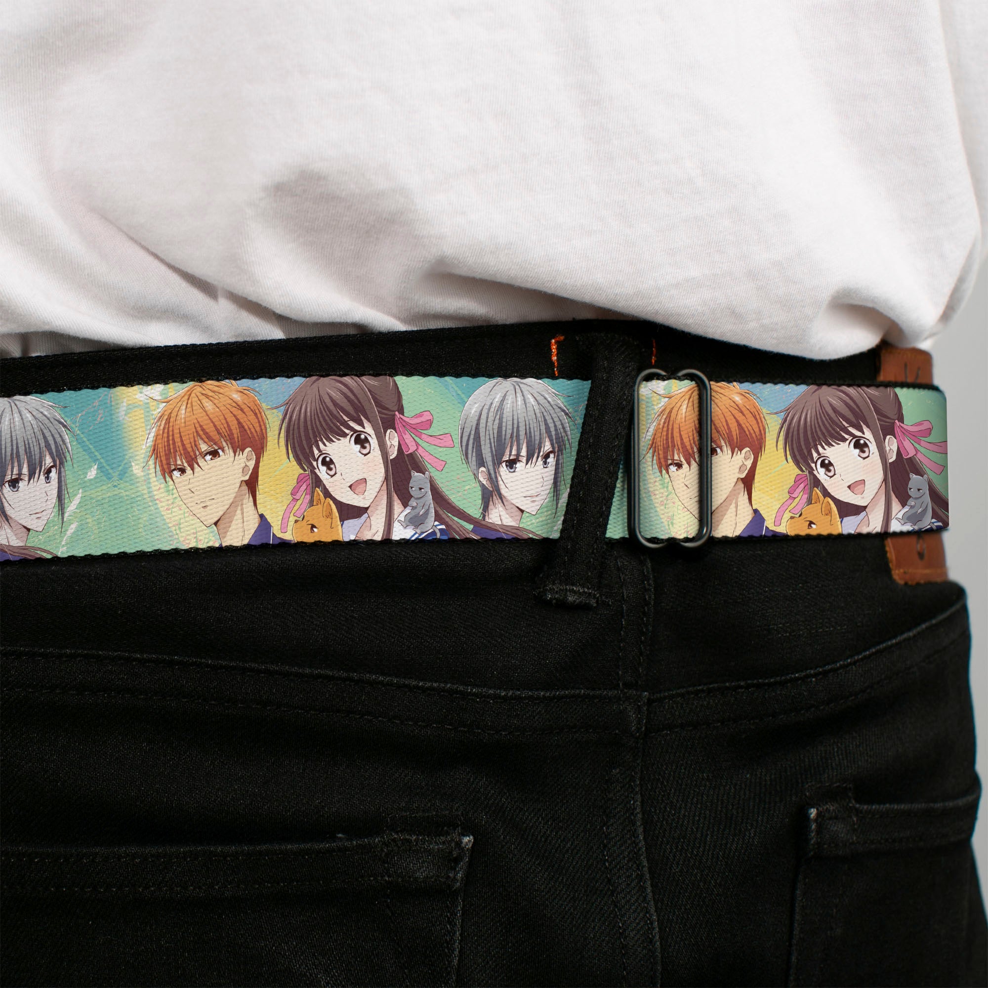 FRUITS BASKET Title Logo Full Color White/Purple Seatbelt Belt - Fruits Basket Kyo Tohru Yuki Group Pose Greens/Blues Webbing Seatbelt Belts Fruits Basket